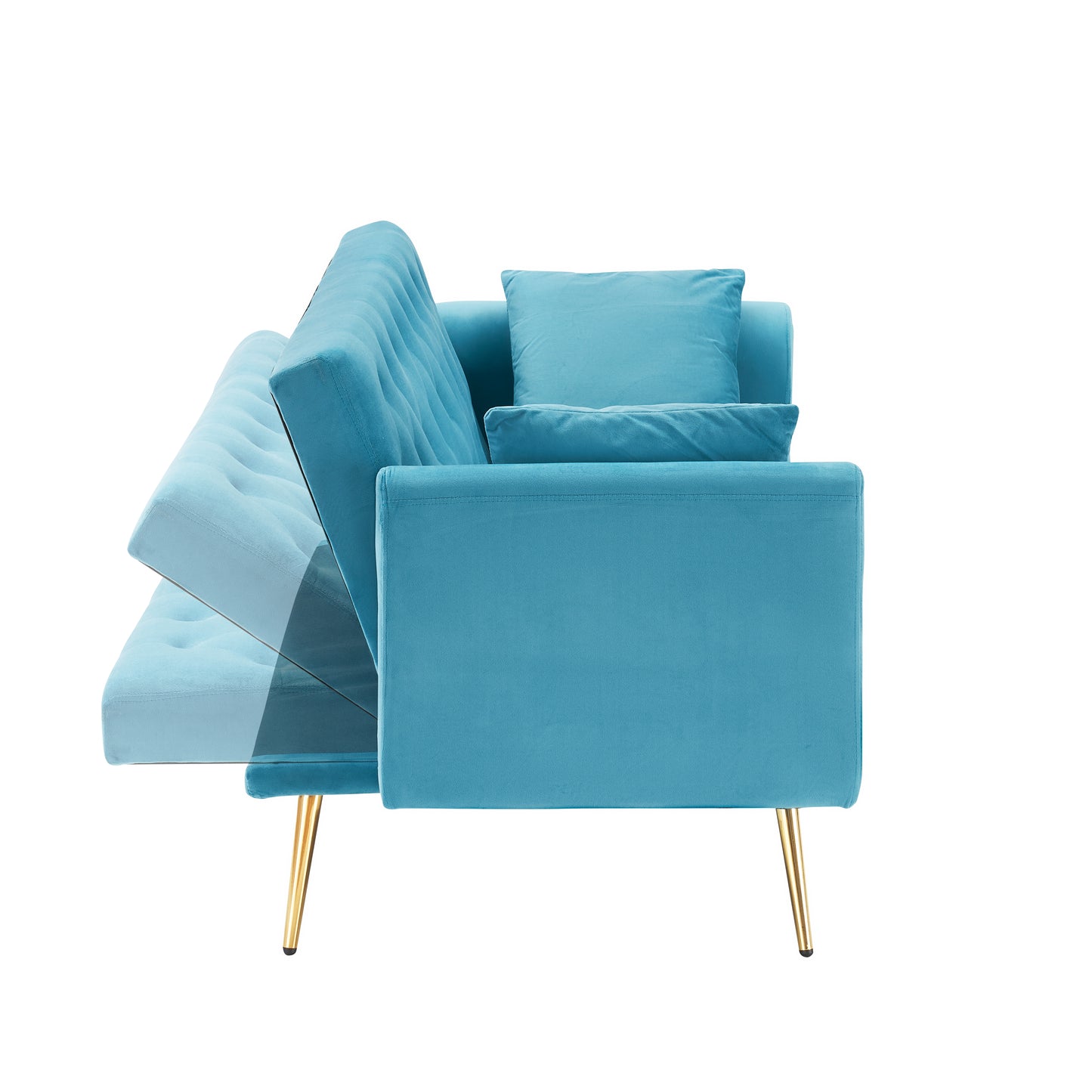 Teal velvet sofa bed with tufted back cushions and gold legs