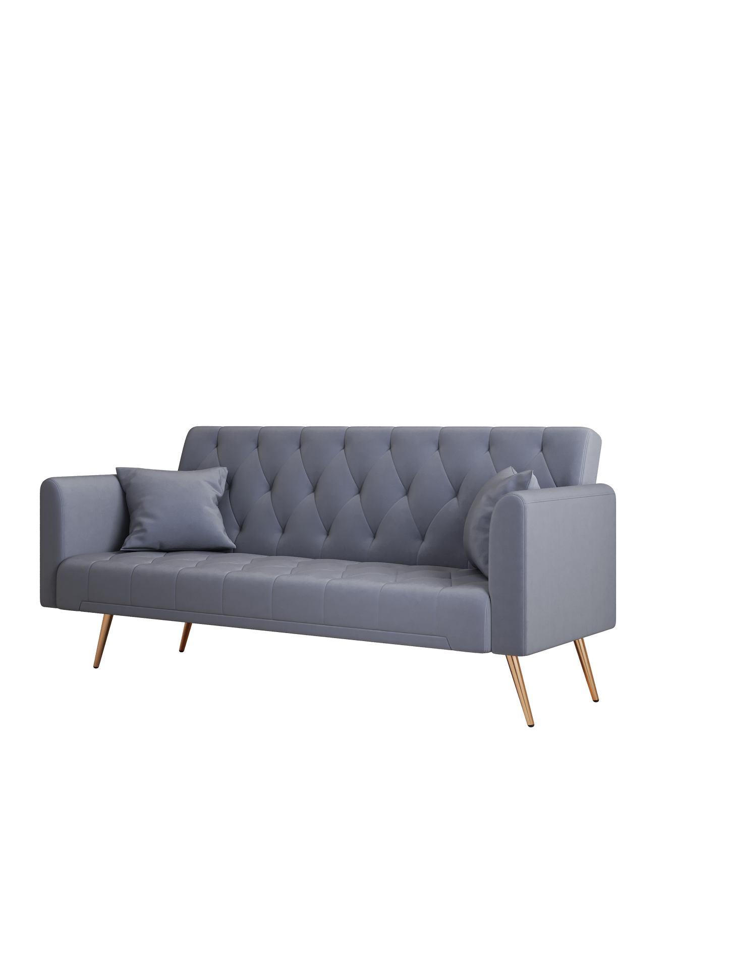 Tufted grey velvet sofa with modern gold legs and matching accent pillows