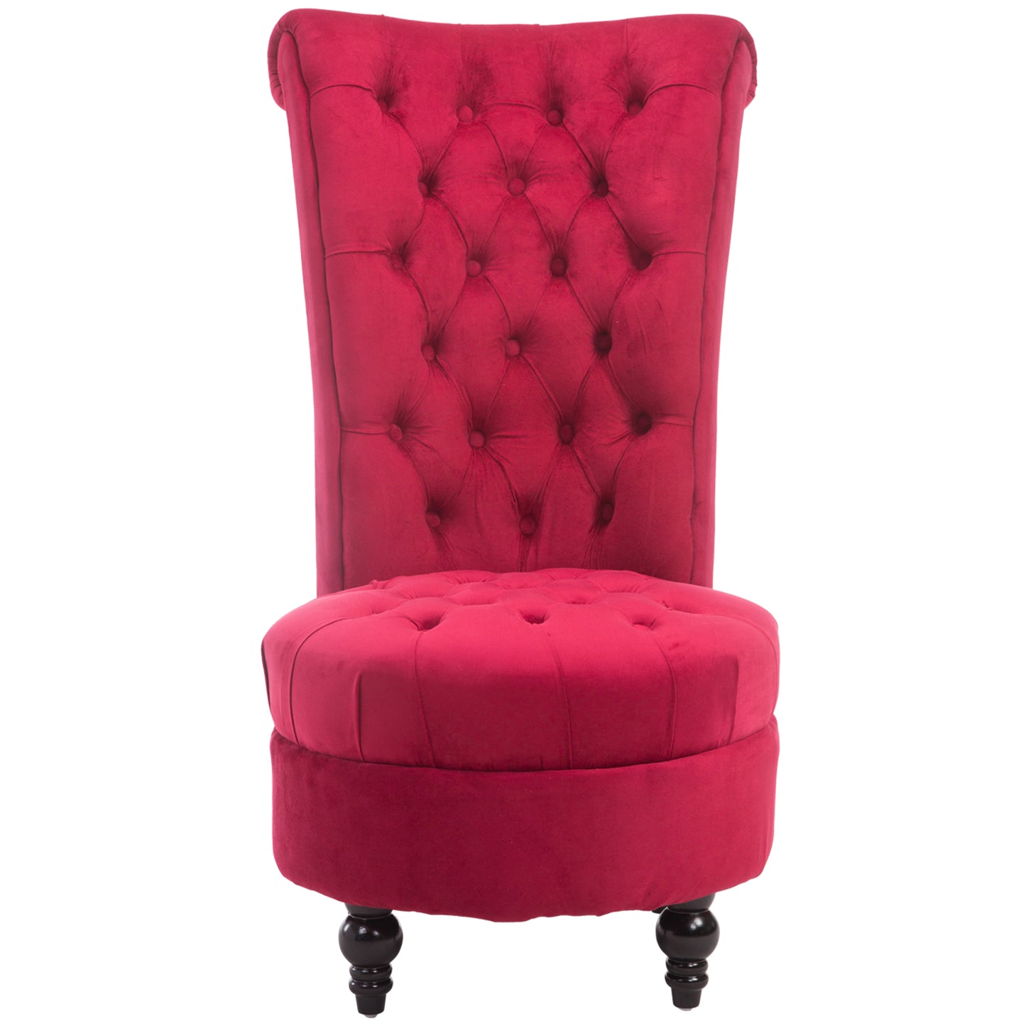 Plush red velvet armchair with deep button tufting and ornate turned legs