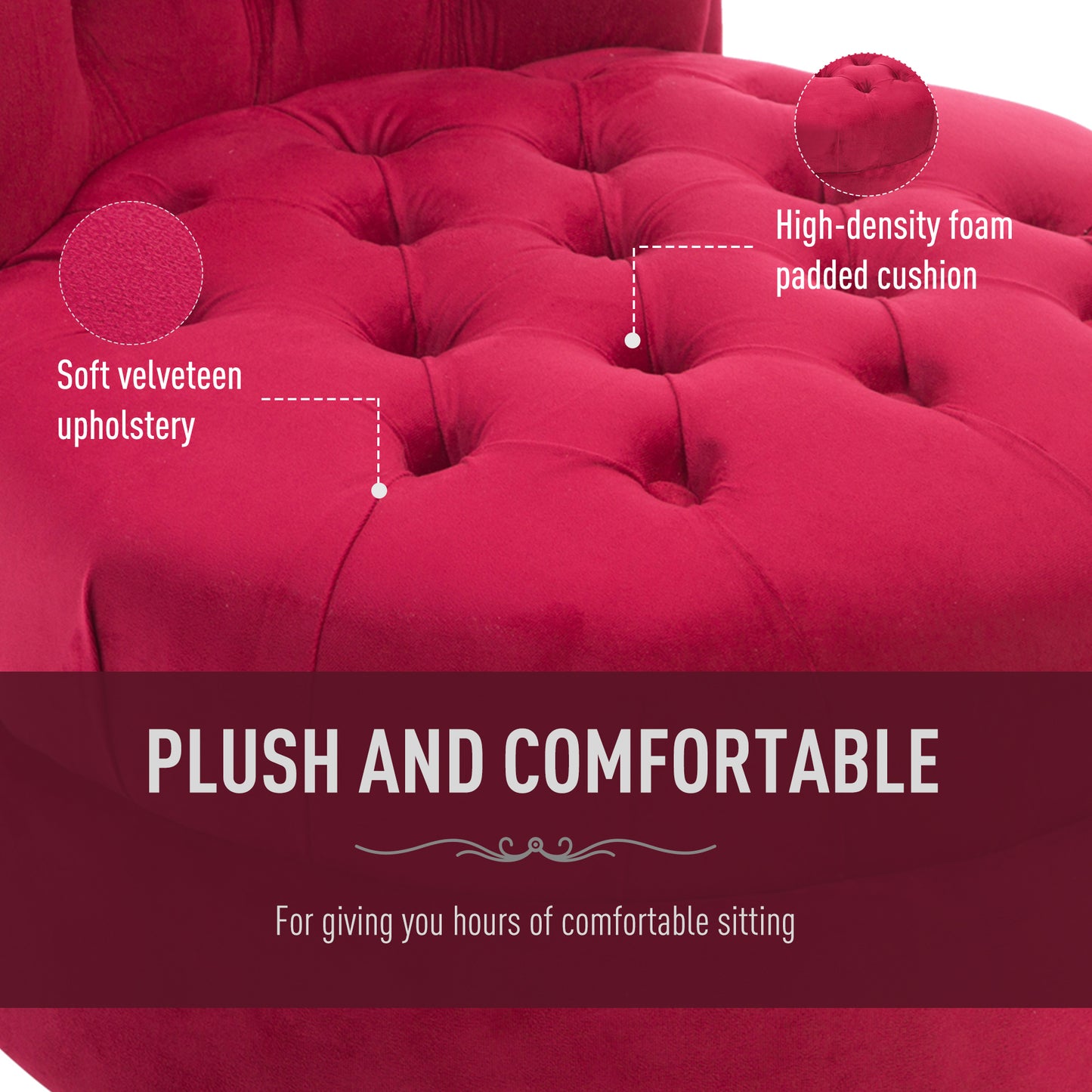 Red velveteen tufted armchair detail with soft upholstery