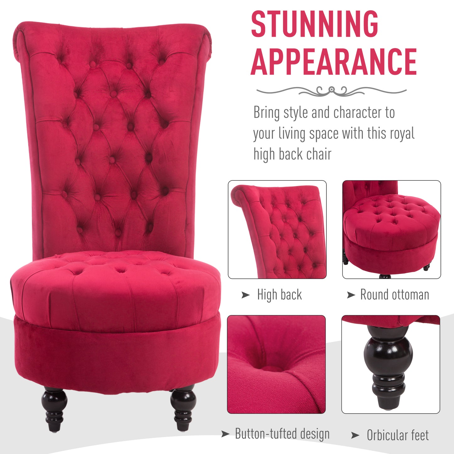 Red velvet high back accent chair with button tufting and round ottoman