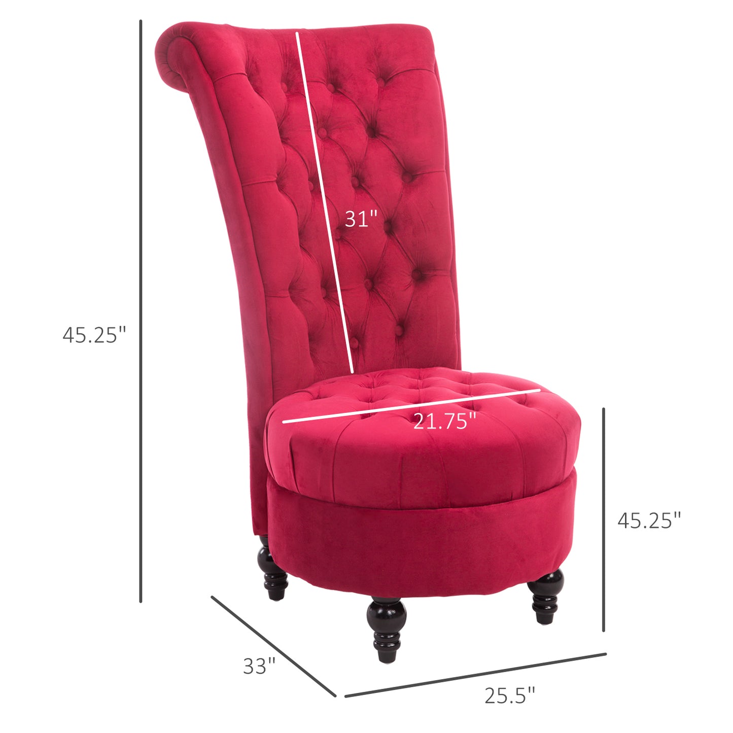 Red velvet tufted accent chair with high back and round ottoman seat