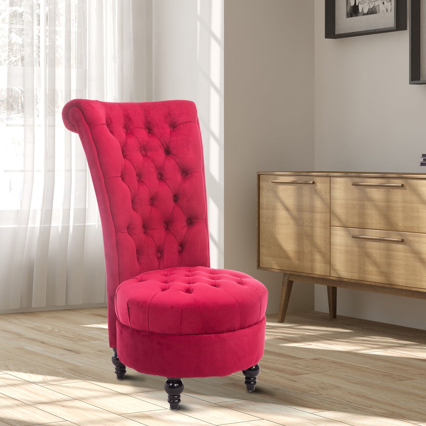Red velvet tufted accent chair with dark wood legs