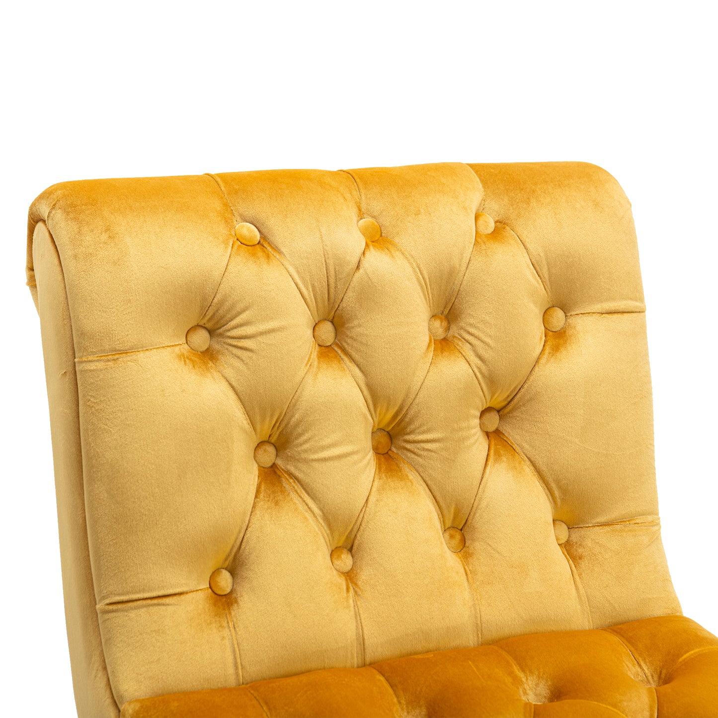 Yellow velvet tufted accent chair back with button details