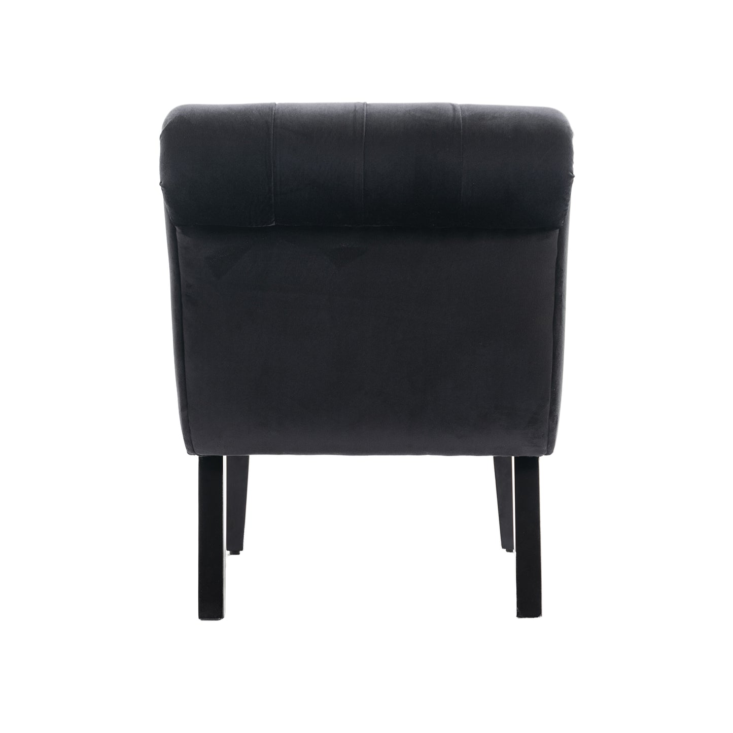 Black velvet accent chair with tufted back and dark wooden legs