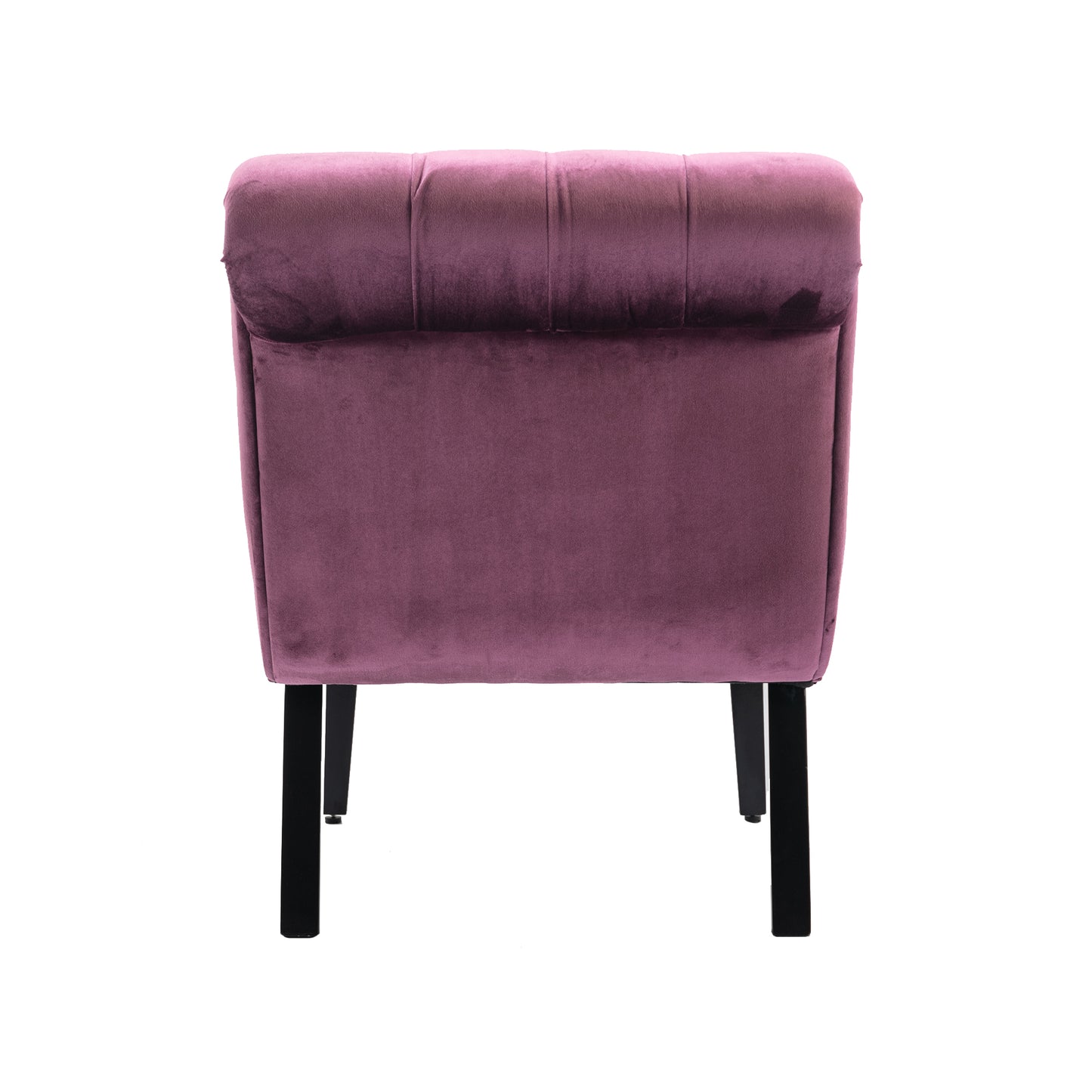 Plush purple velvet accent chair with tufted back and black tapered legs