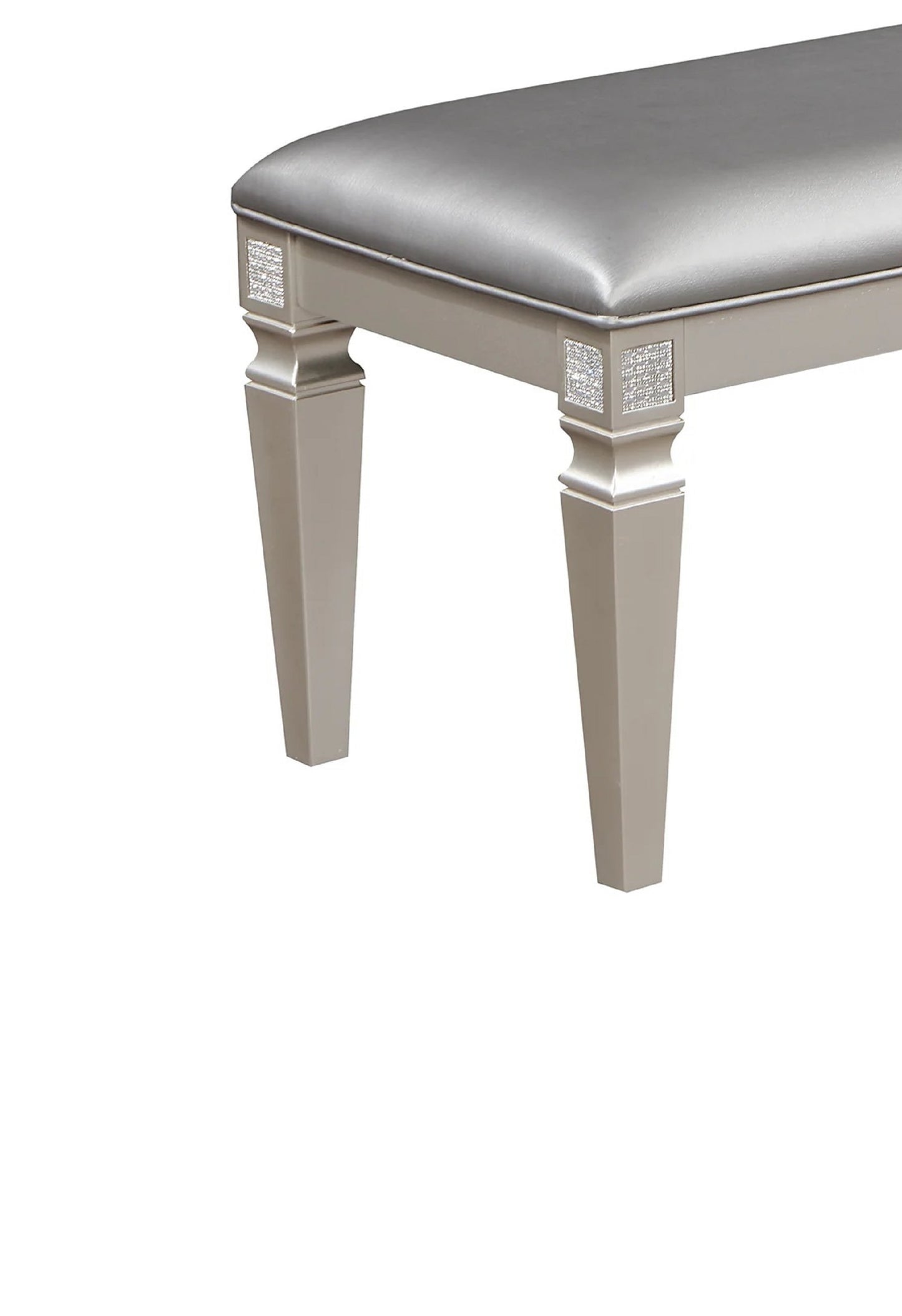 Silver upholstered bench with crystal accents