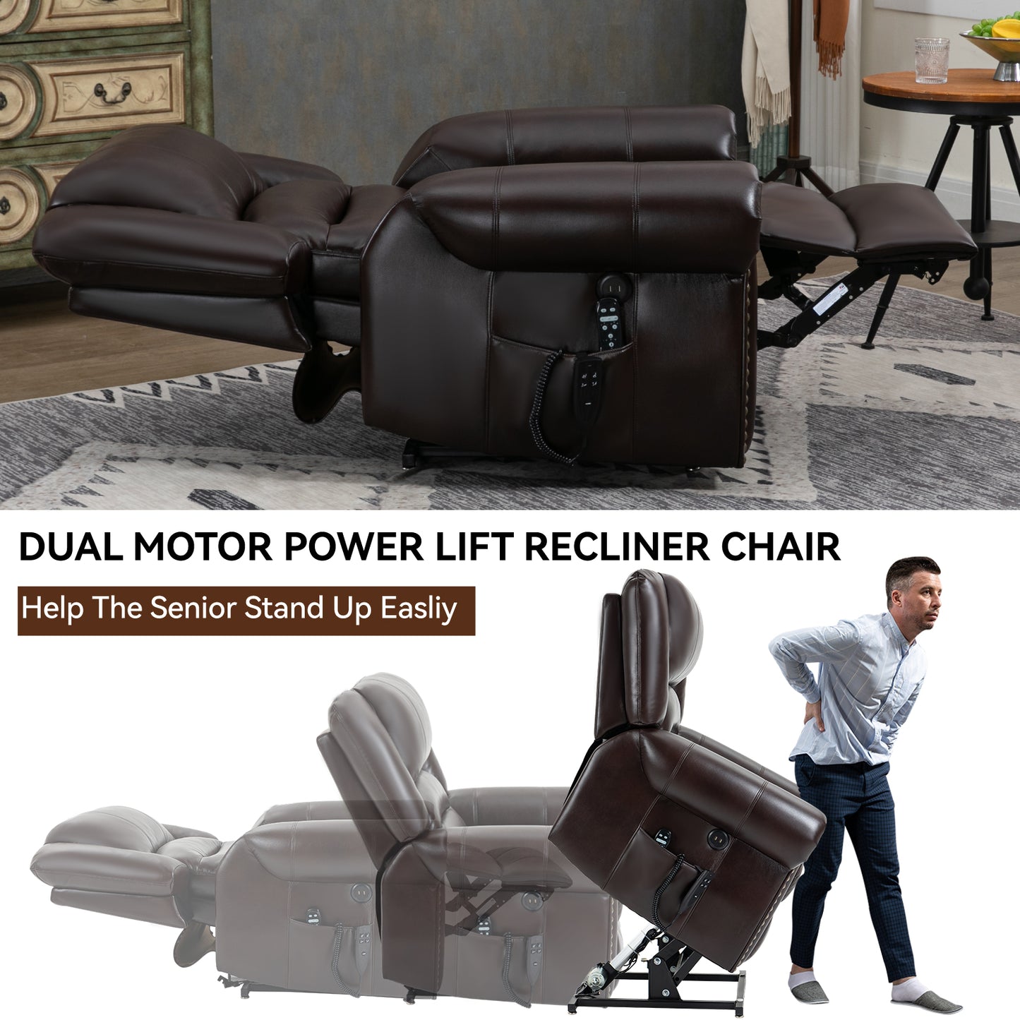 Dark brown dual motor power lift recliner chair with footrest extended