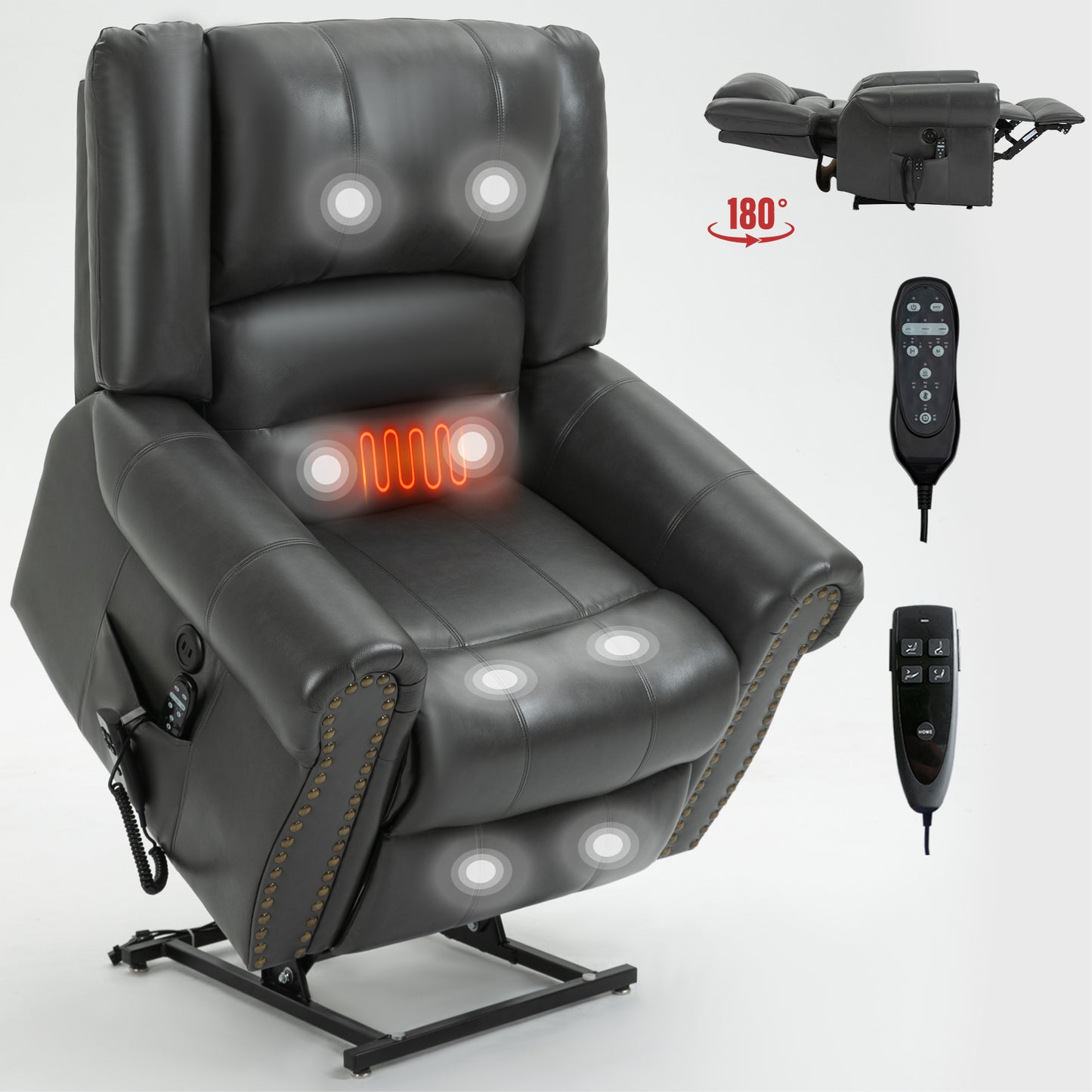 Black faux leather lift chair with heating elements and massage points for ultimate relaxation