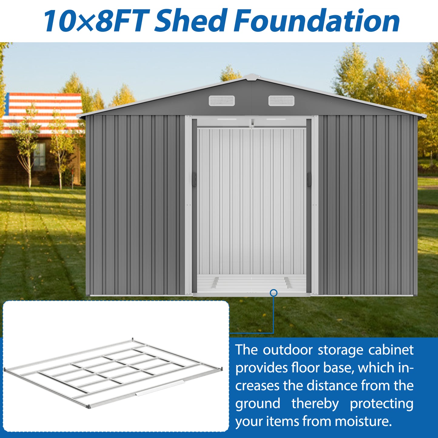 Gray metal xft shed foundation frame on grass with a gray shed behind it