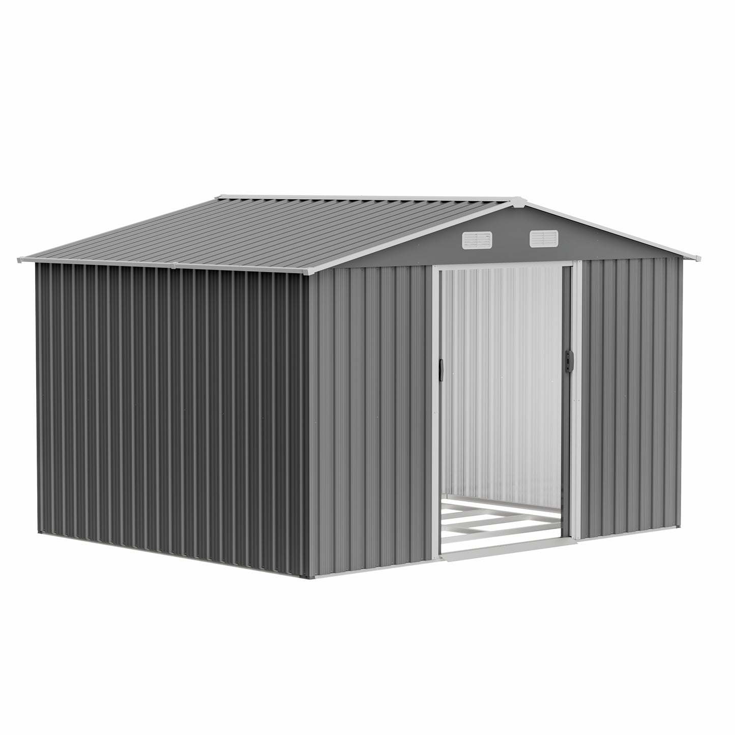 Gray metal garden shed with sliding door and ventilation