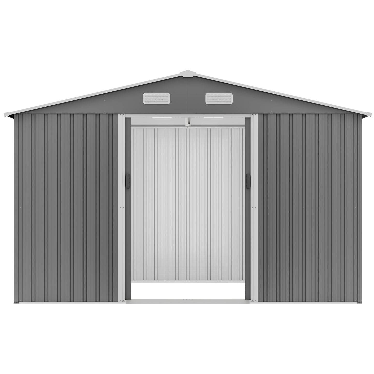 Grey metal garden shed with double doors and ventilation