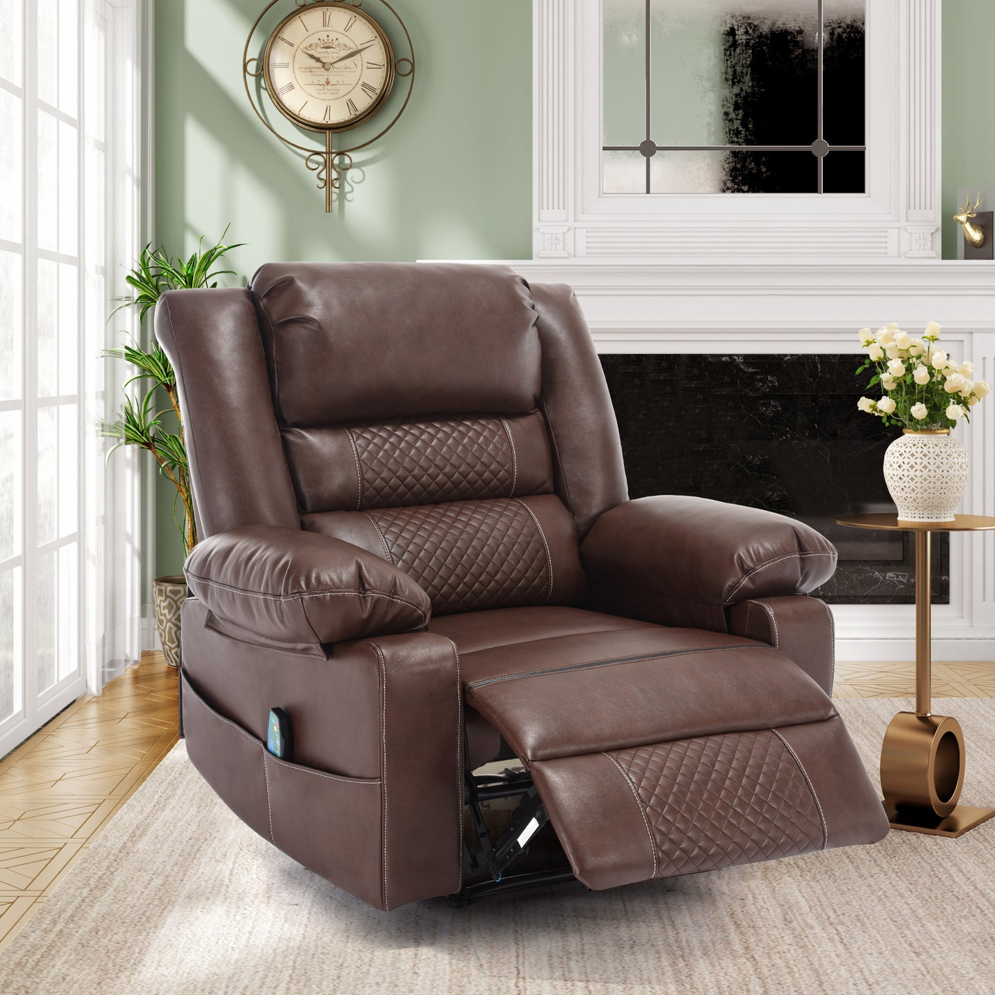 Brown leather recliner chair with diamondstitched back and footrest ideal for home theater