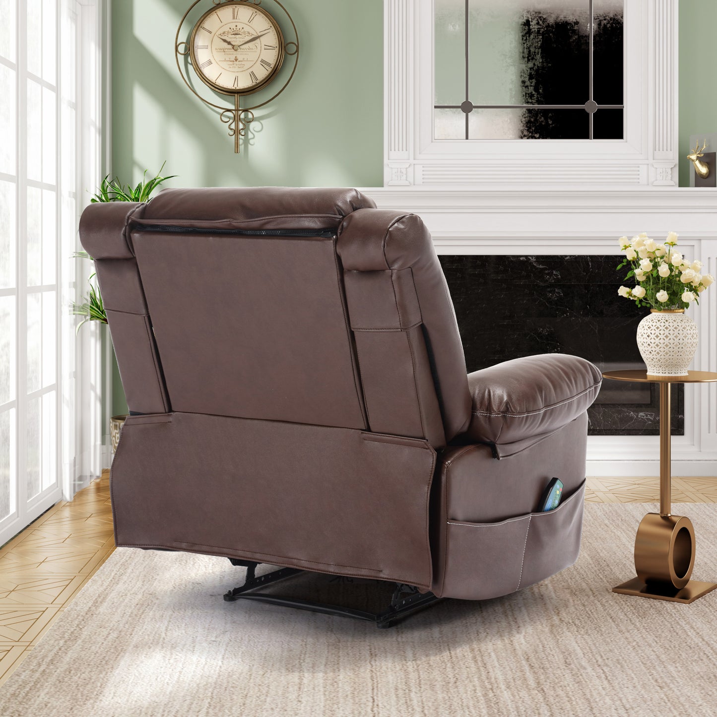 Brown leather recliner chair with side pocket holding a remote control for ultimate relaxation