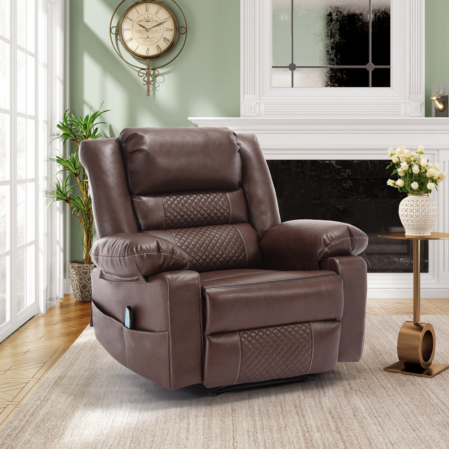 Brown faux leather power recliner with diamond stitching and side pocket for living room relaxation