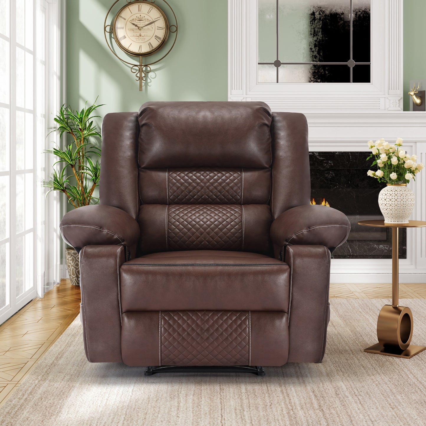 Luxurious brown leather recliner with diamond stitching detail and white contrast piping