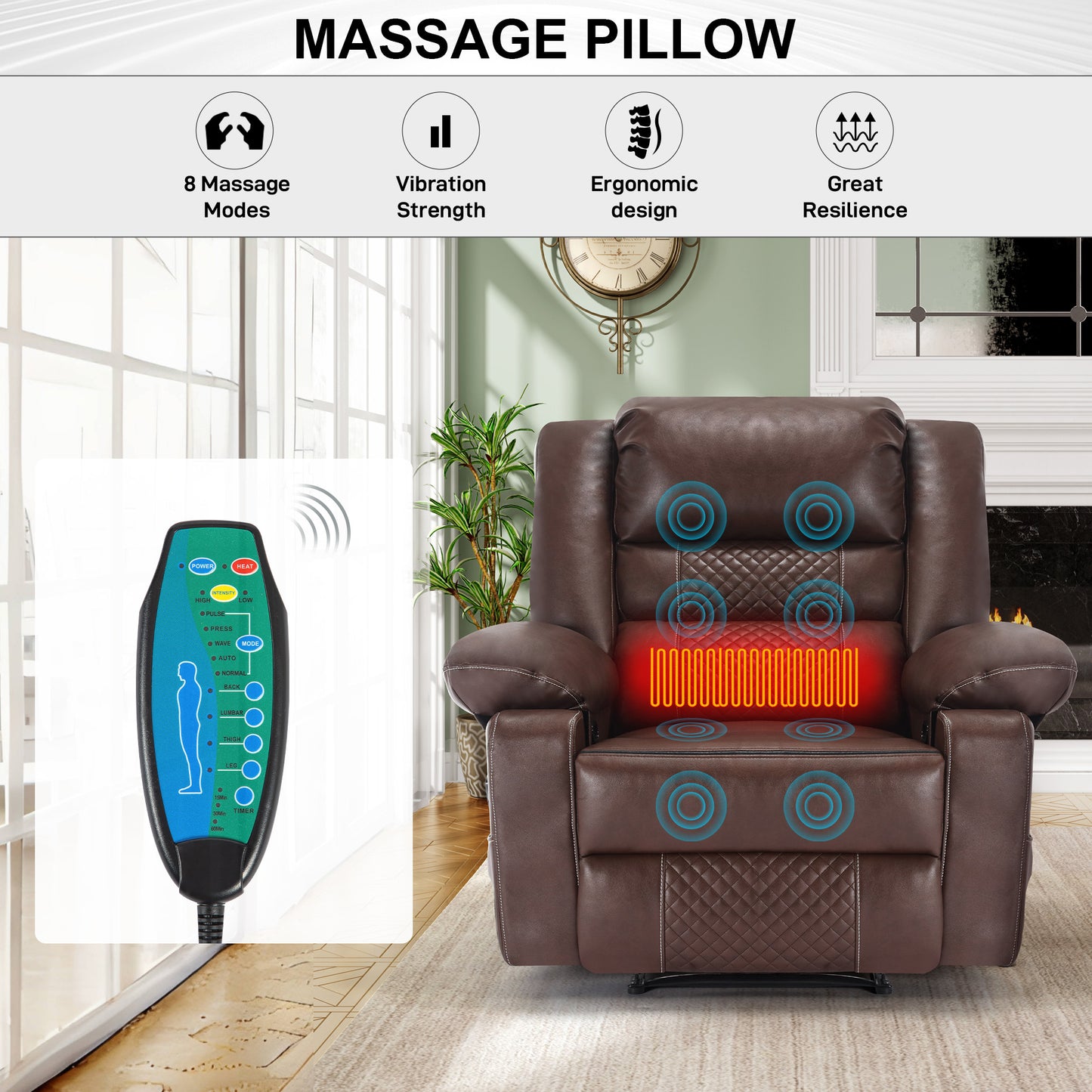 Brown leather massage chair with heat function and modes for ultimate relaxation