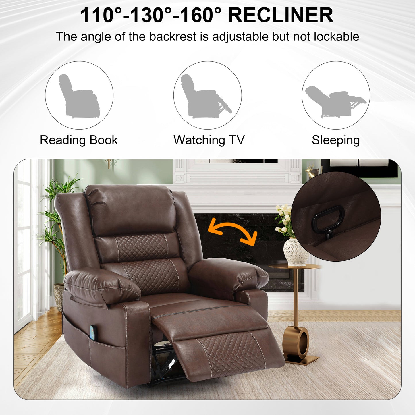 Brown leather recliner with adjustable backrest for reading watching TV and sleeping