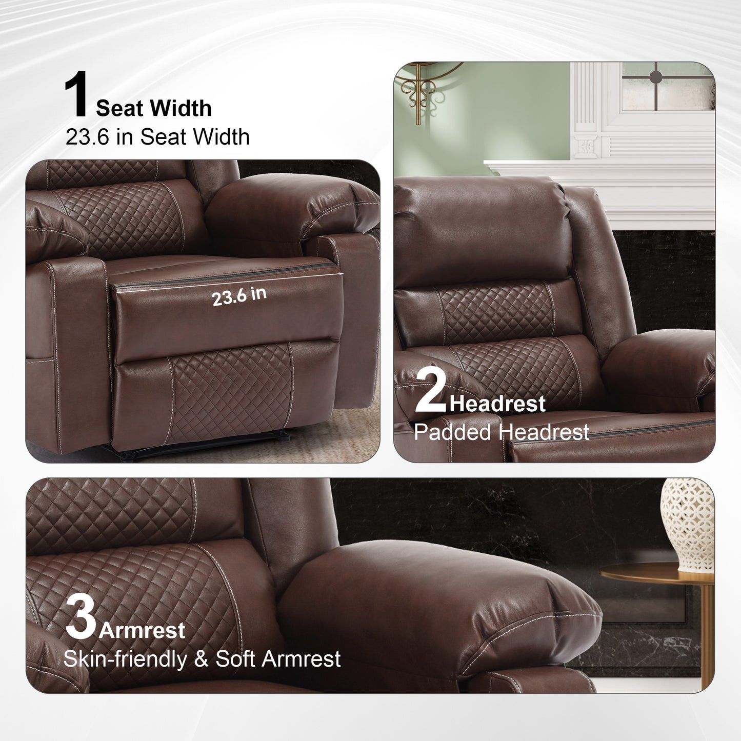 Brown leather recliner closeup showcasing a inch seat width with diamond stitching