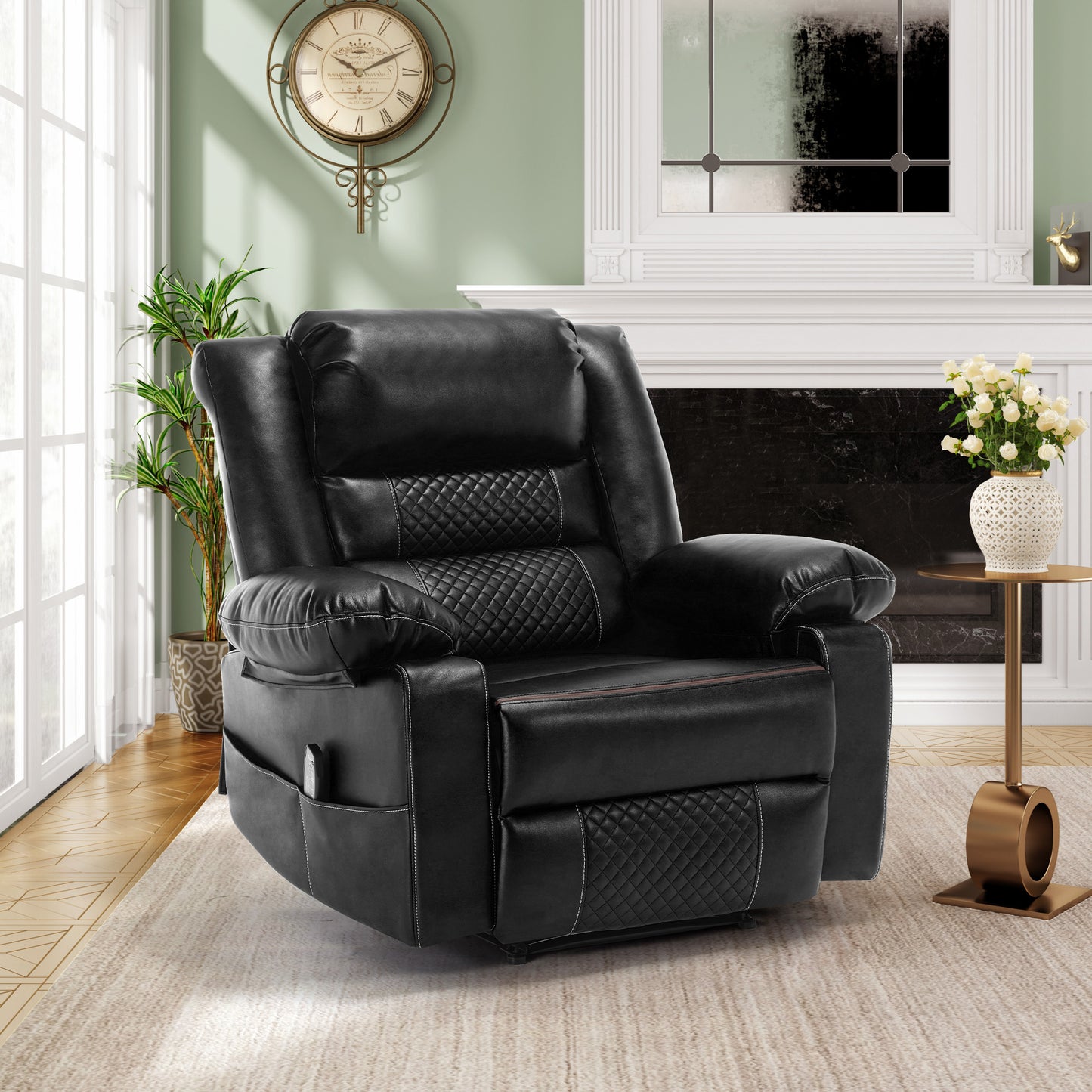 Black leather recliner chair with diamond stitching and side pockets