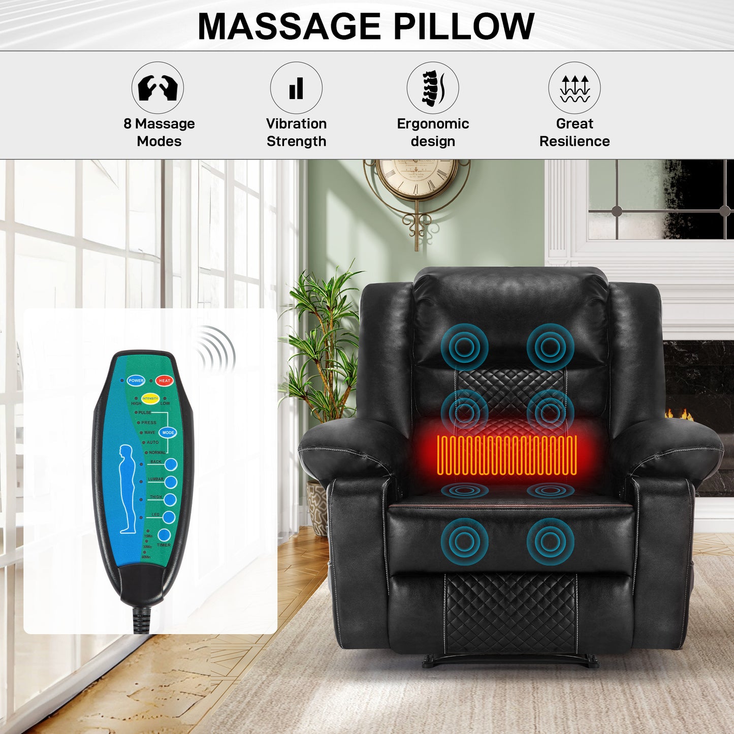 Black leather recliner chair with massage modes and heat function