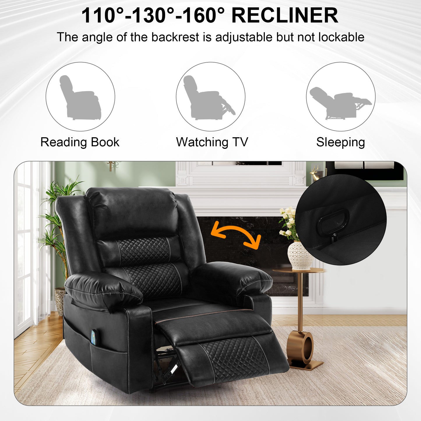 Black leather power recliner with diamond stitching and side pocket