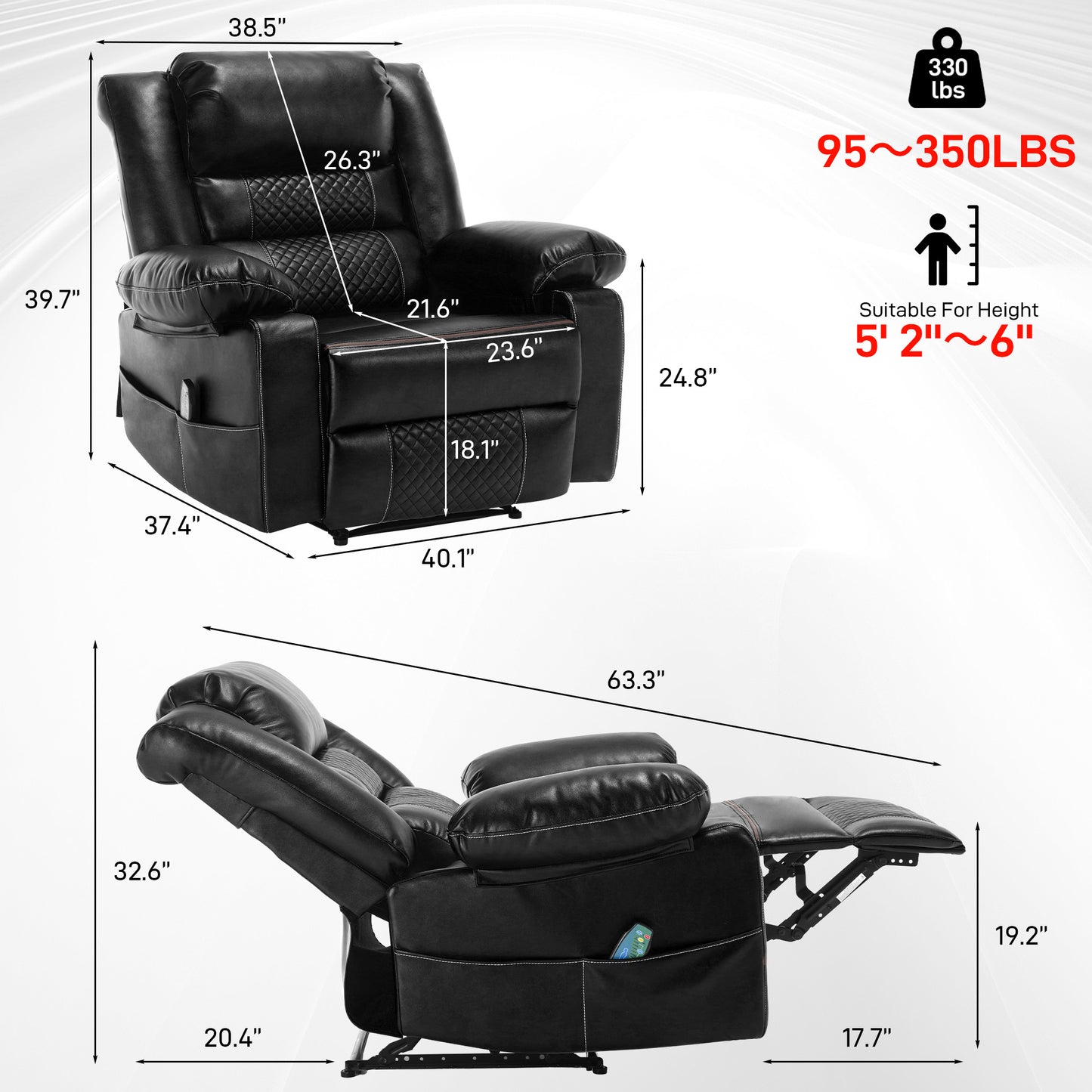 Black leather power recliner with padded headrest and detailed stitching