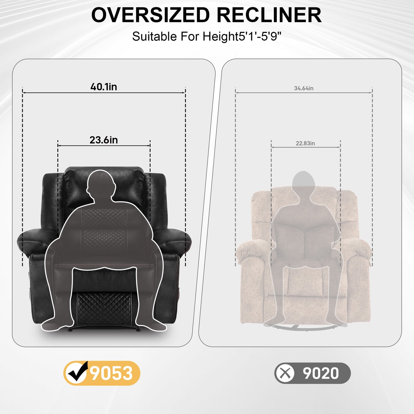 Black leather oversized recliner with quilted diamond pattern seating in width