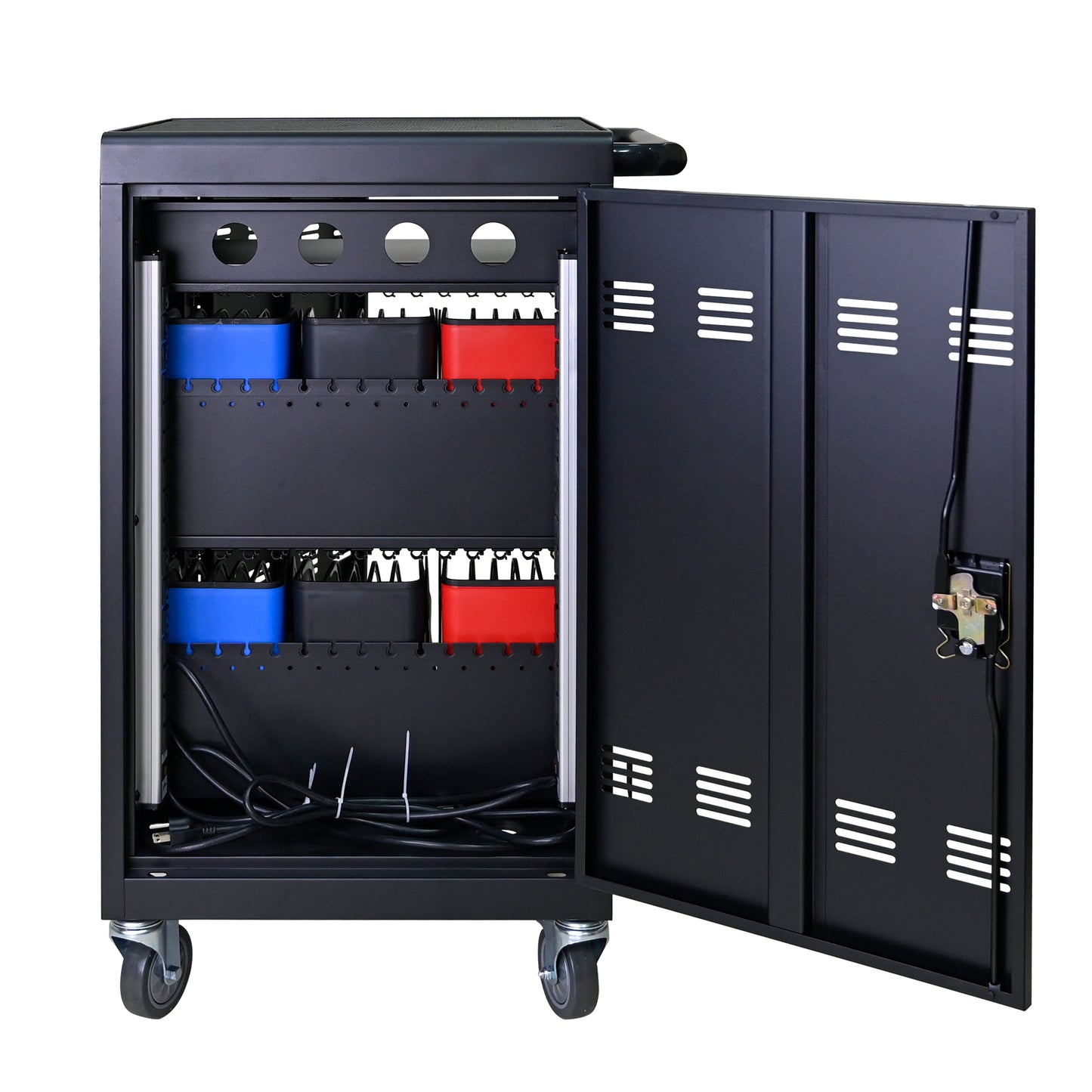 Black metal charging cart with blue and red device dividers and cord management