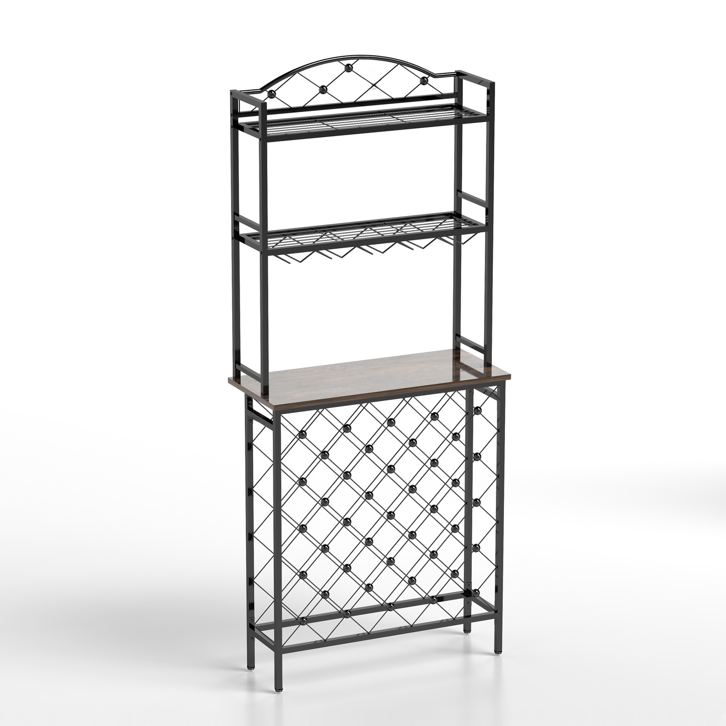 Black metal bakers rack with tiered shelves and wine bottle storage