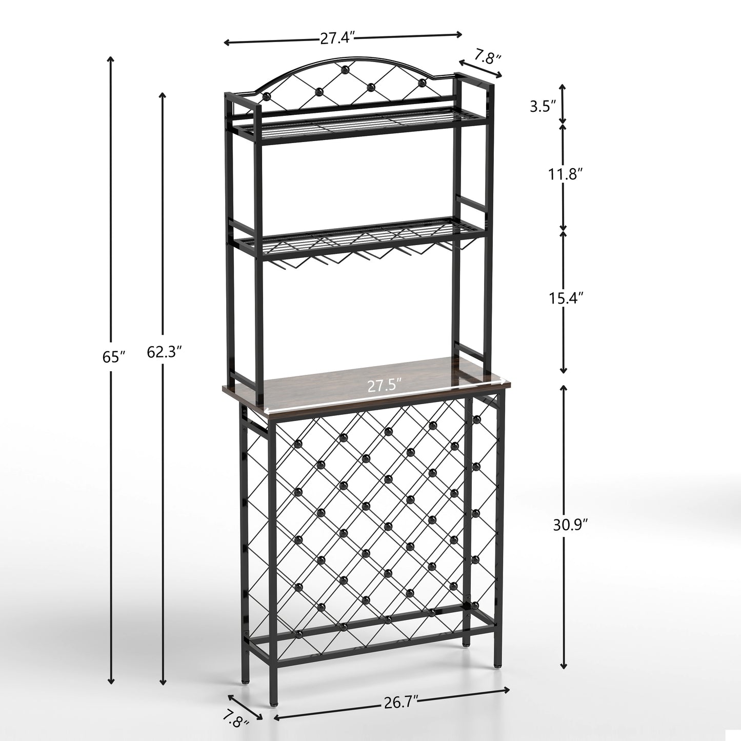 Black metal wine rack with a diamond lattice design and hanging glass holders