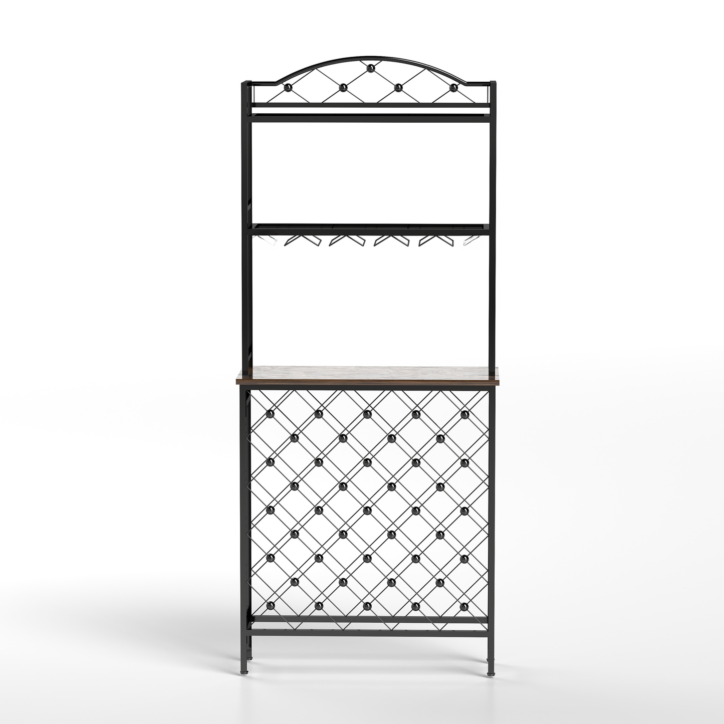 Black metal wine rack with wooden top and glass holders