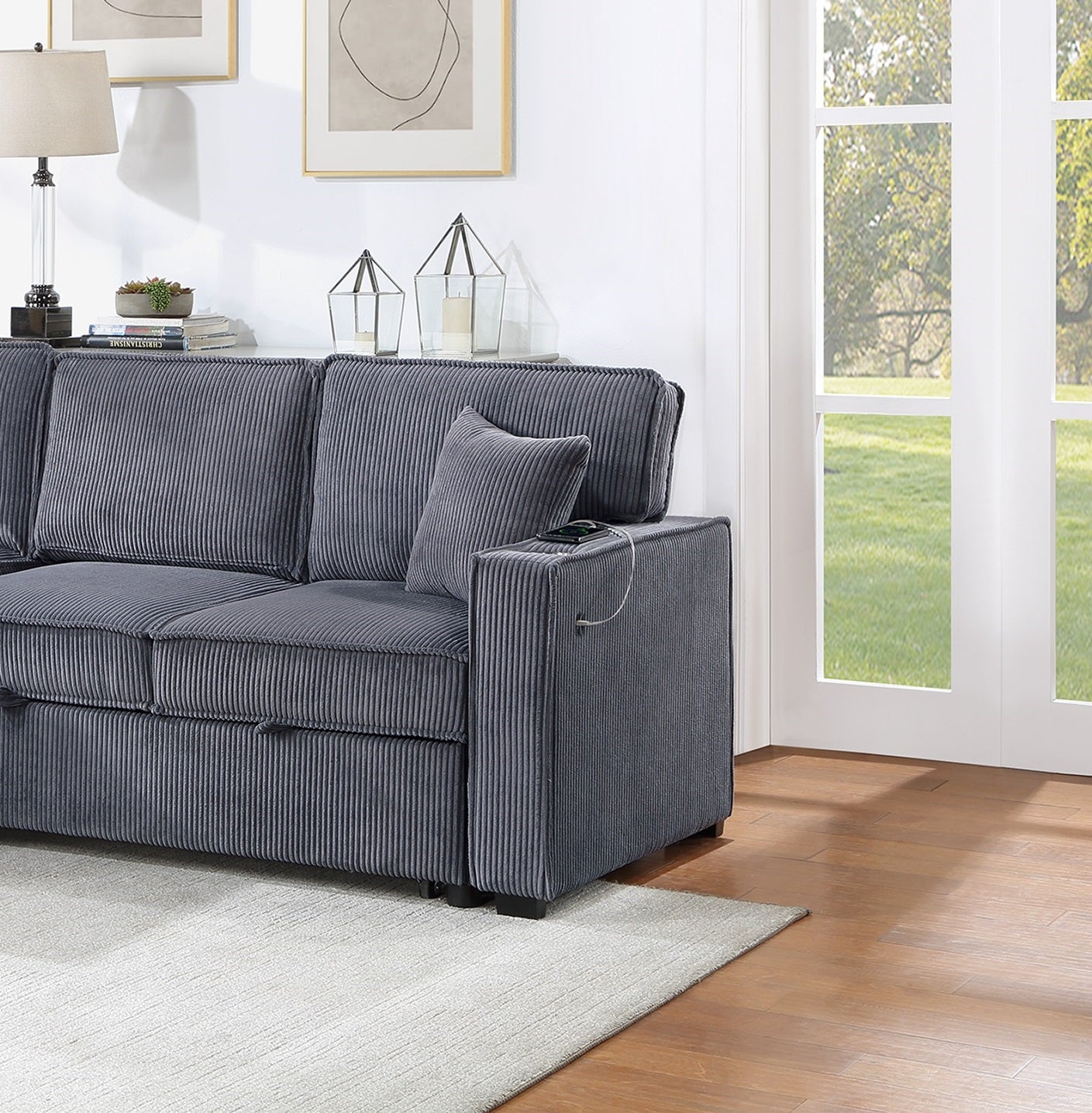 Dark gray corduroy sofa with builtin USB charging port perfect for modern living rooms