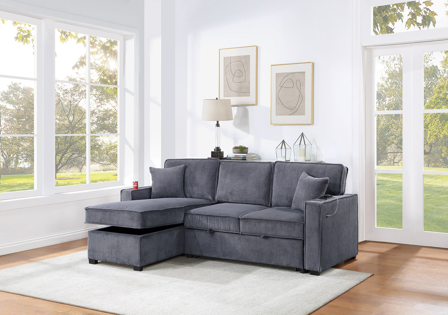 Dark gray corduroy sectional sofa with hidden storage ottoman and USB charging ports