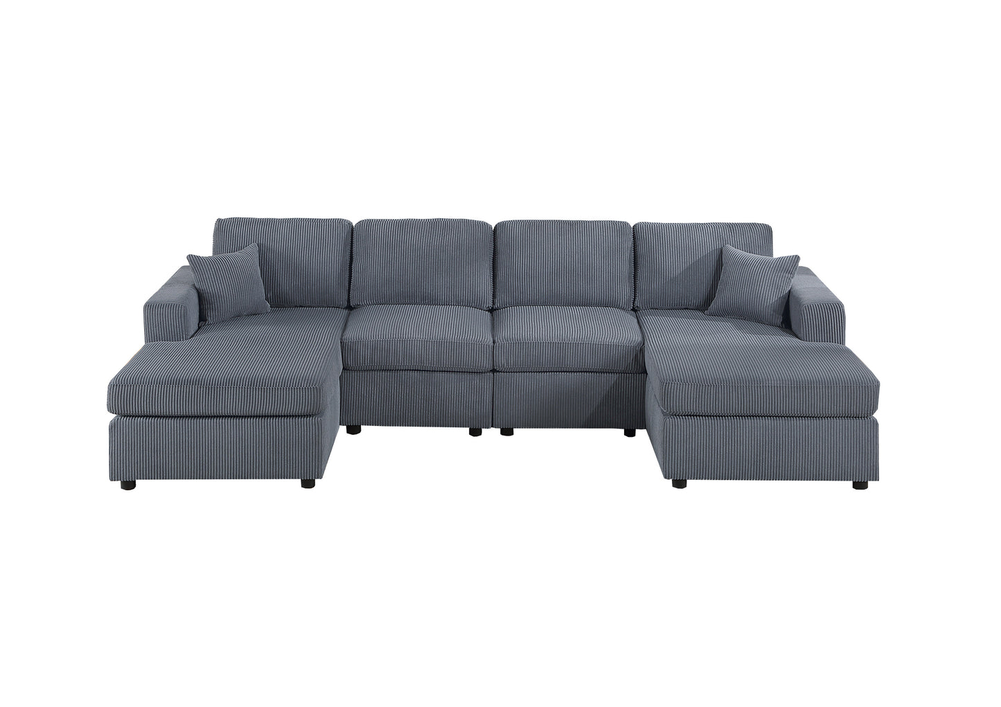 Dark gray corduroy sectional sofa with two chaises and throw pillows