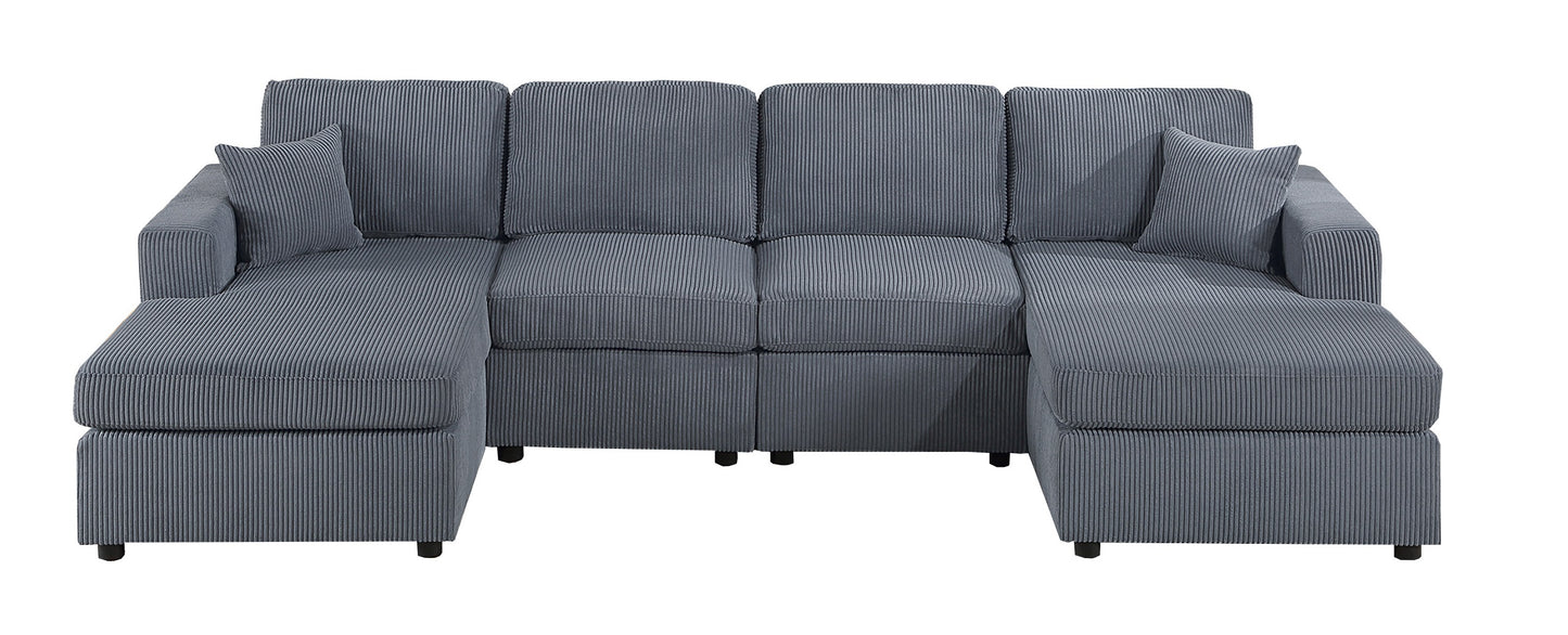 Gray corduroy sectional sofa with Ushaped chaise and plush cushions perfect for modern living rooms