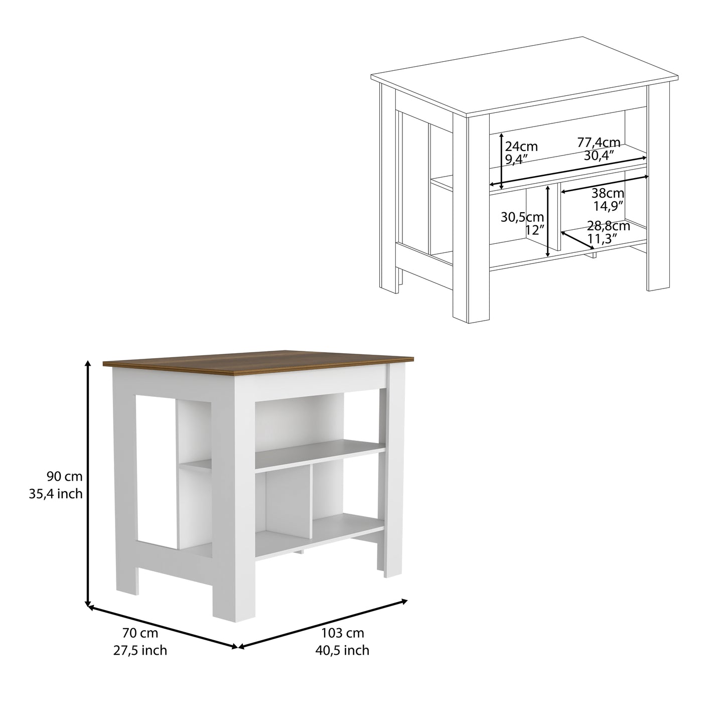 White kitchen island with woodgrain countertop and two open shelves