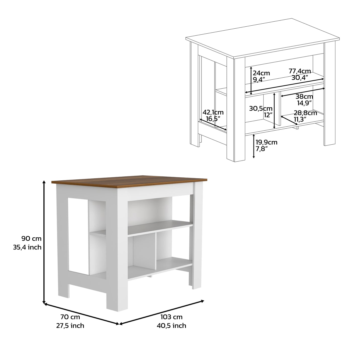White and wood kitchen island with three open shelves