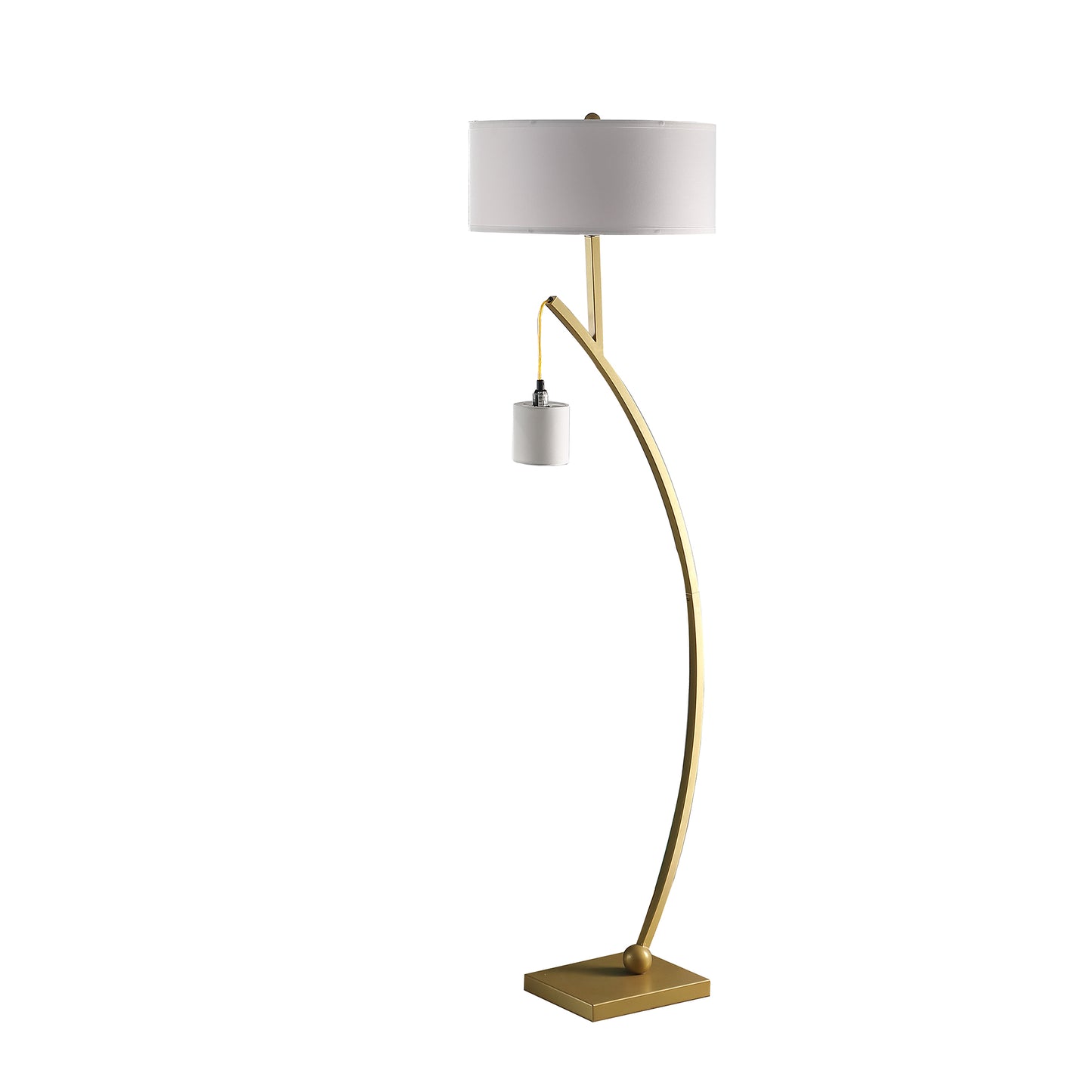 Modern arc floor lamp with gold finish and white drum shade
