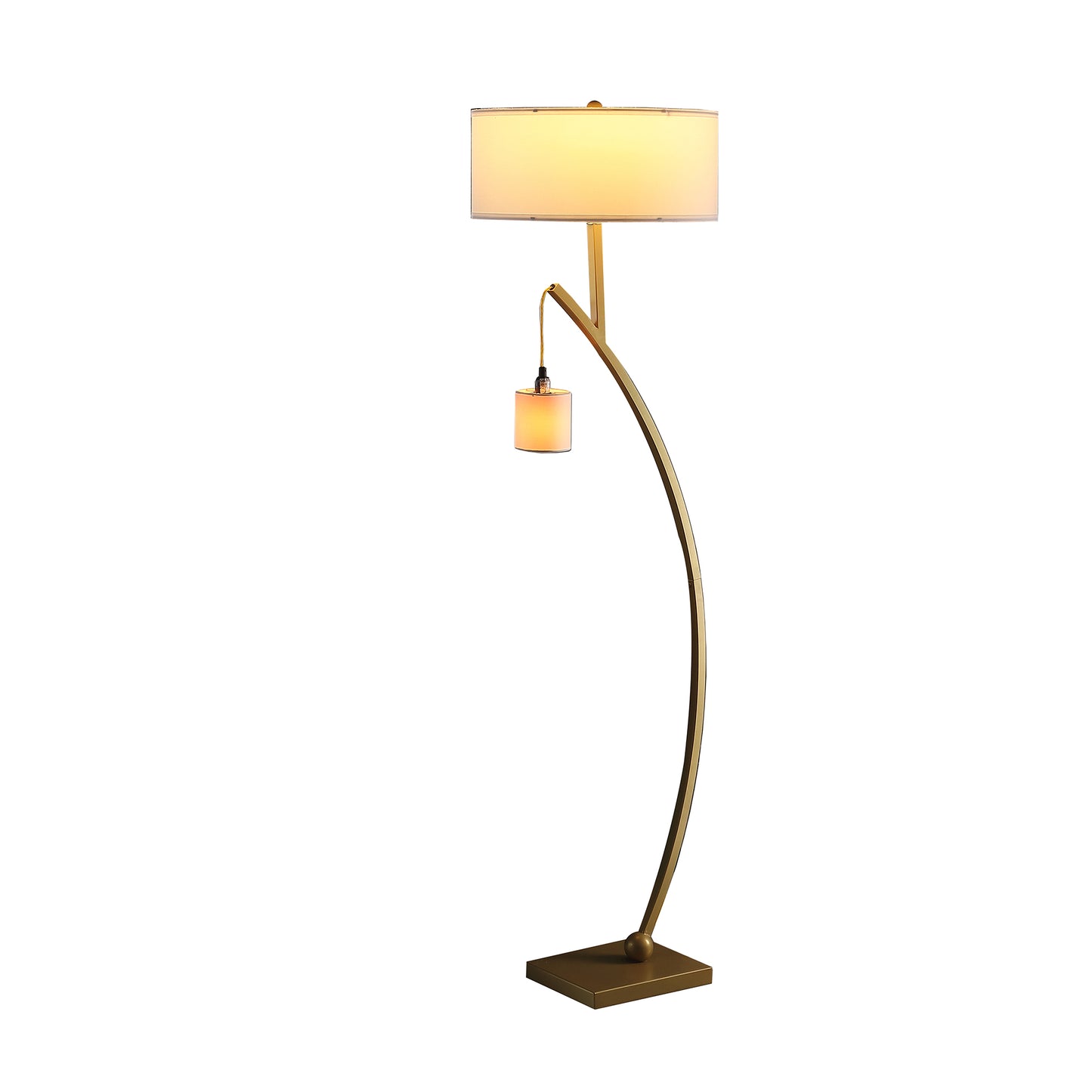 Modern gold arc floor lamp with linen shade and accent light