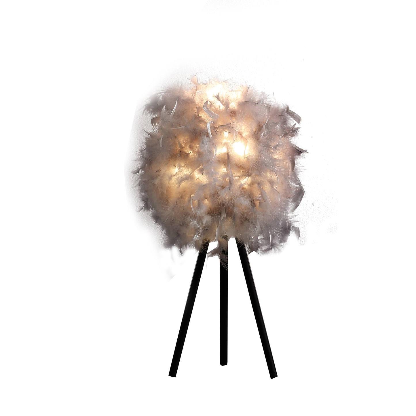 Fluffy feather lamp with warm glow on black tripod legs