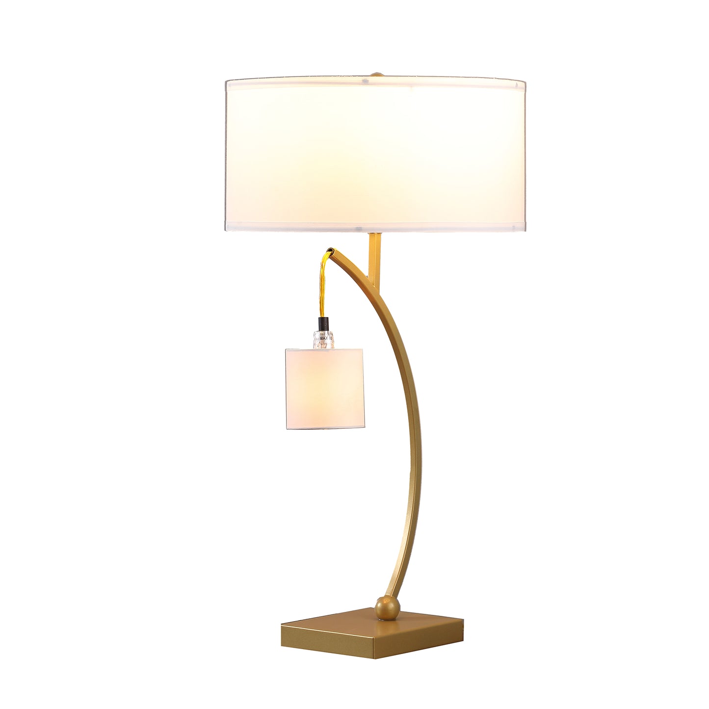 Elegant gold arc table lamp with a rectangular white shade and a small decorative shade