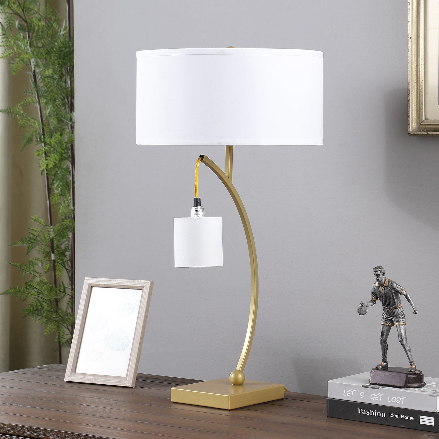 Modern gold arc desk lamp with white drum shade perfect accent for living rooms
