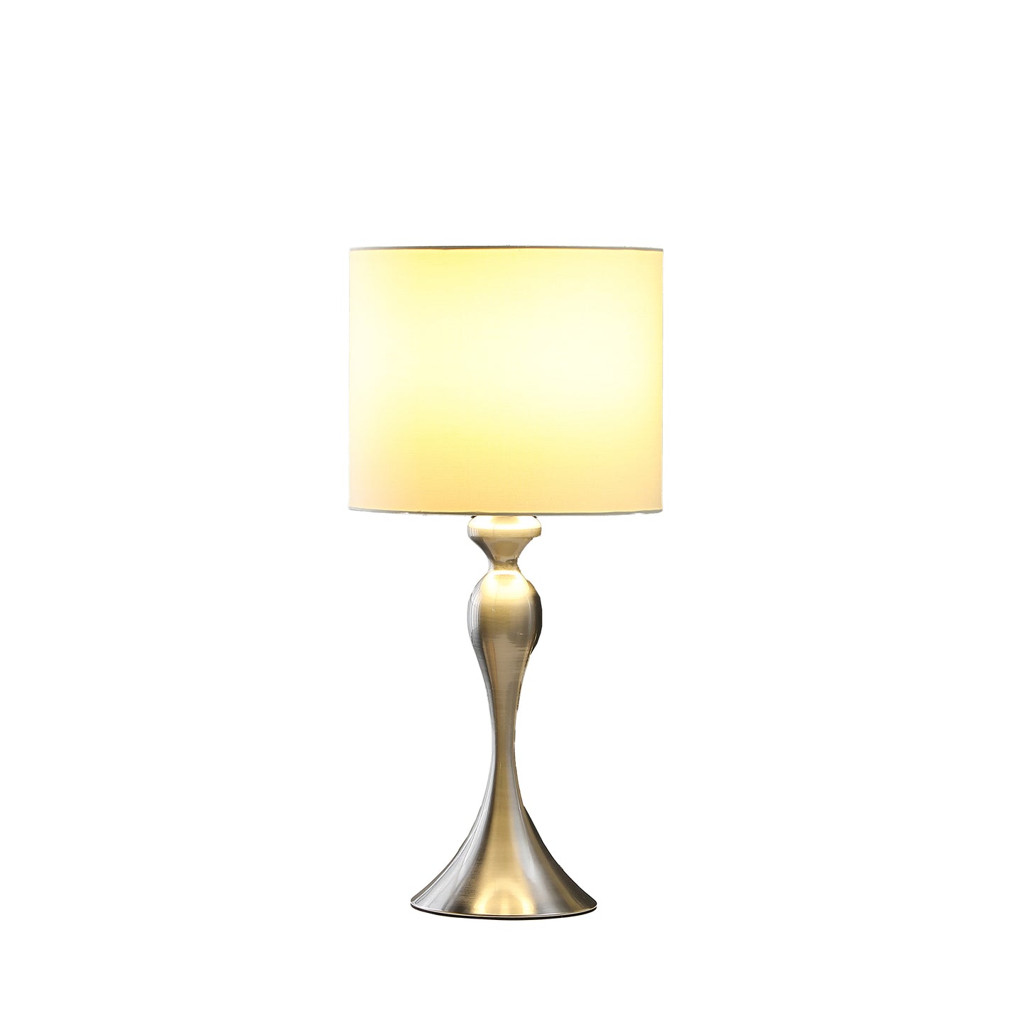 Brushed nickel table lamp with white drum shade providing warm ambient light for modern living rooms