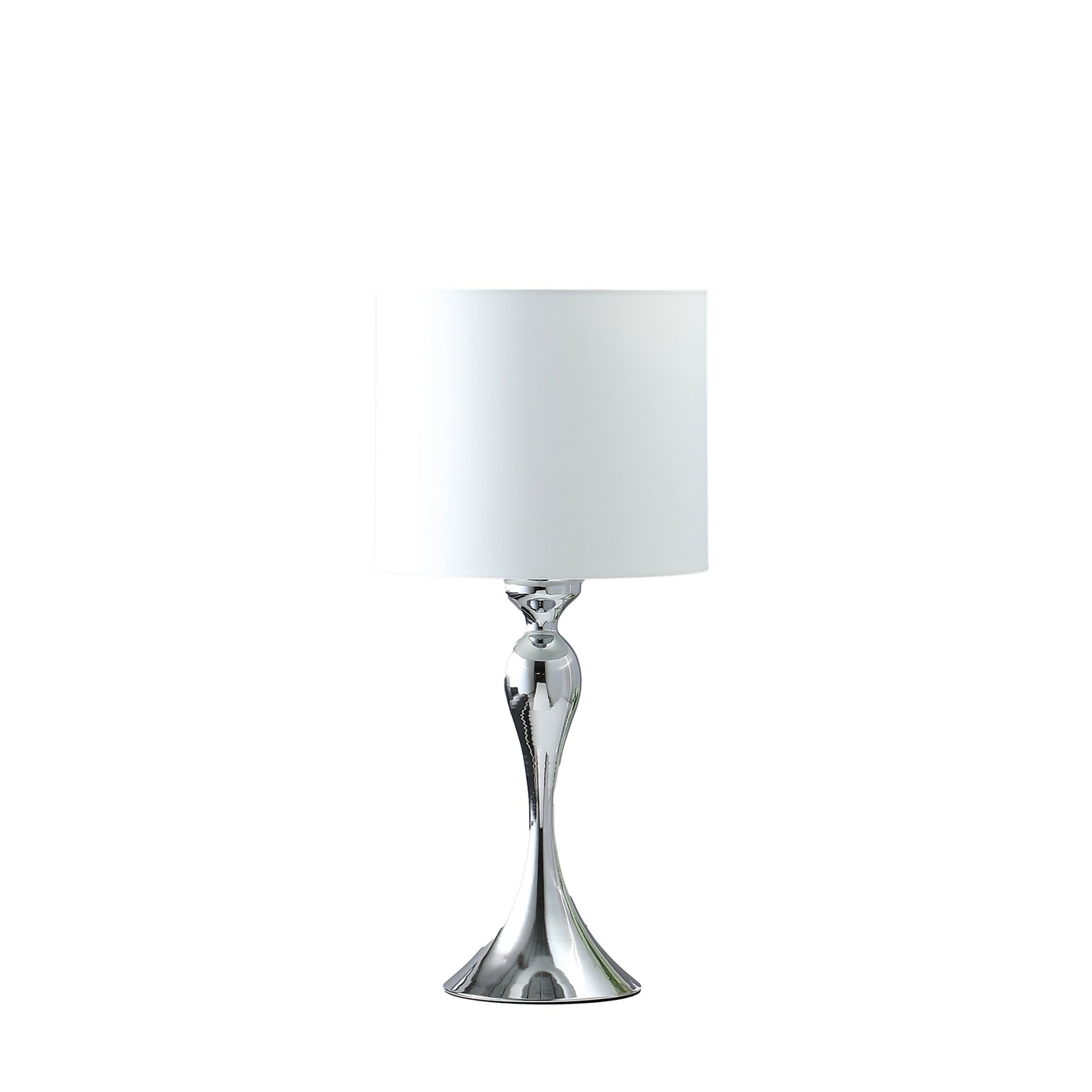 Sleek chrome table lamp with a modern curved base and white drum shade