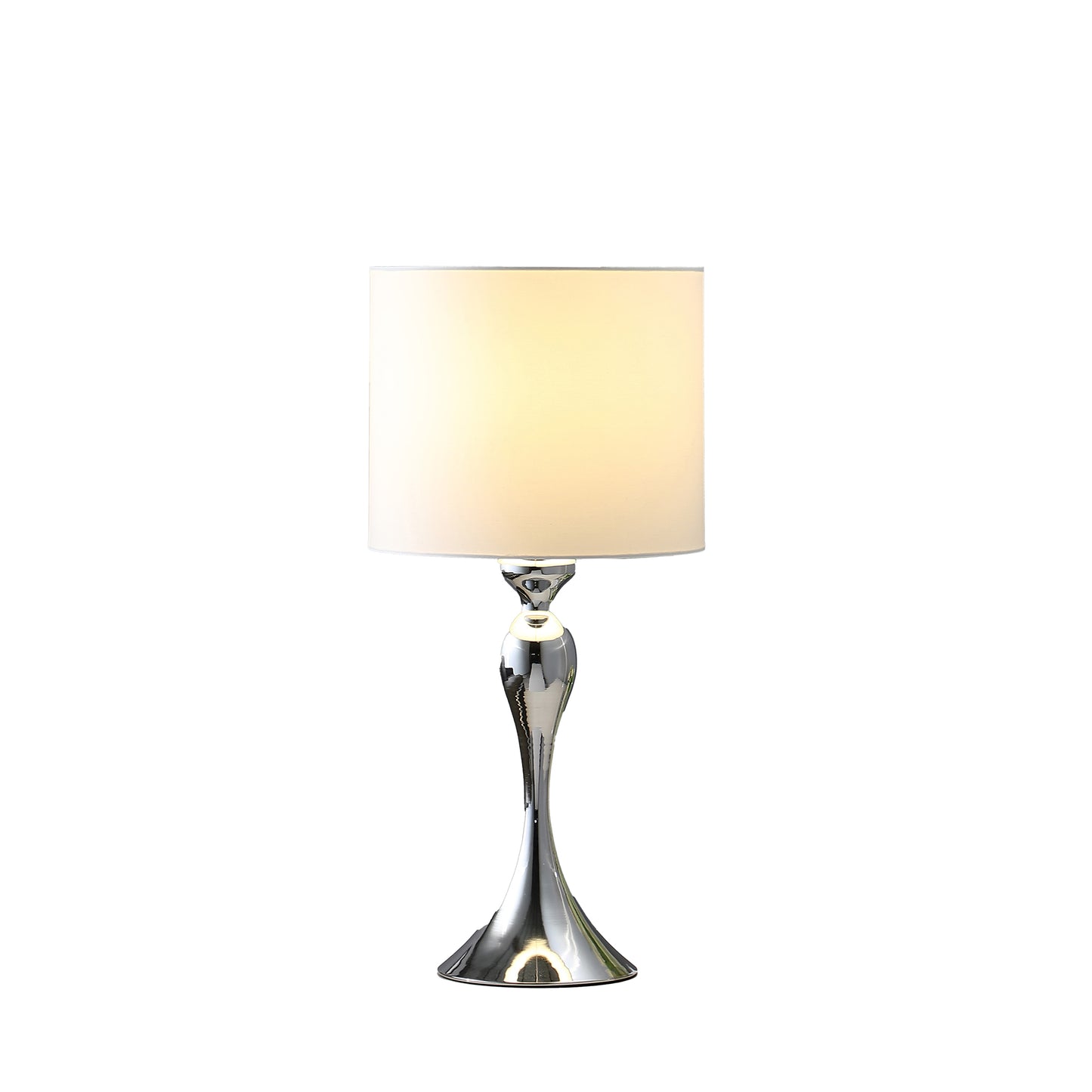 Modern chrome table lamp with curved base and white shade