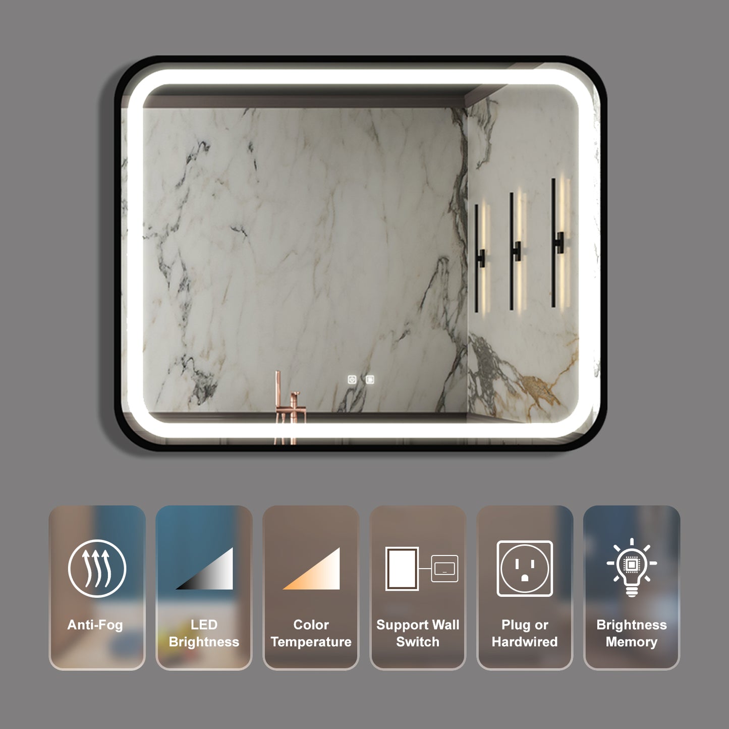 Modern backlit bathroom mirror with antifog feature and integrated LED lighting