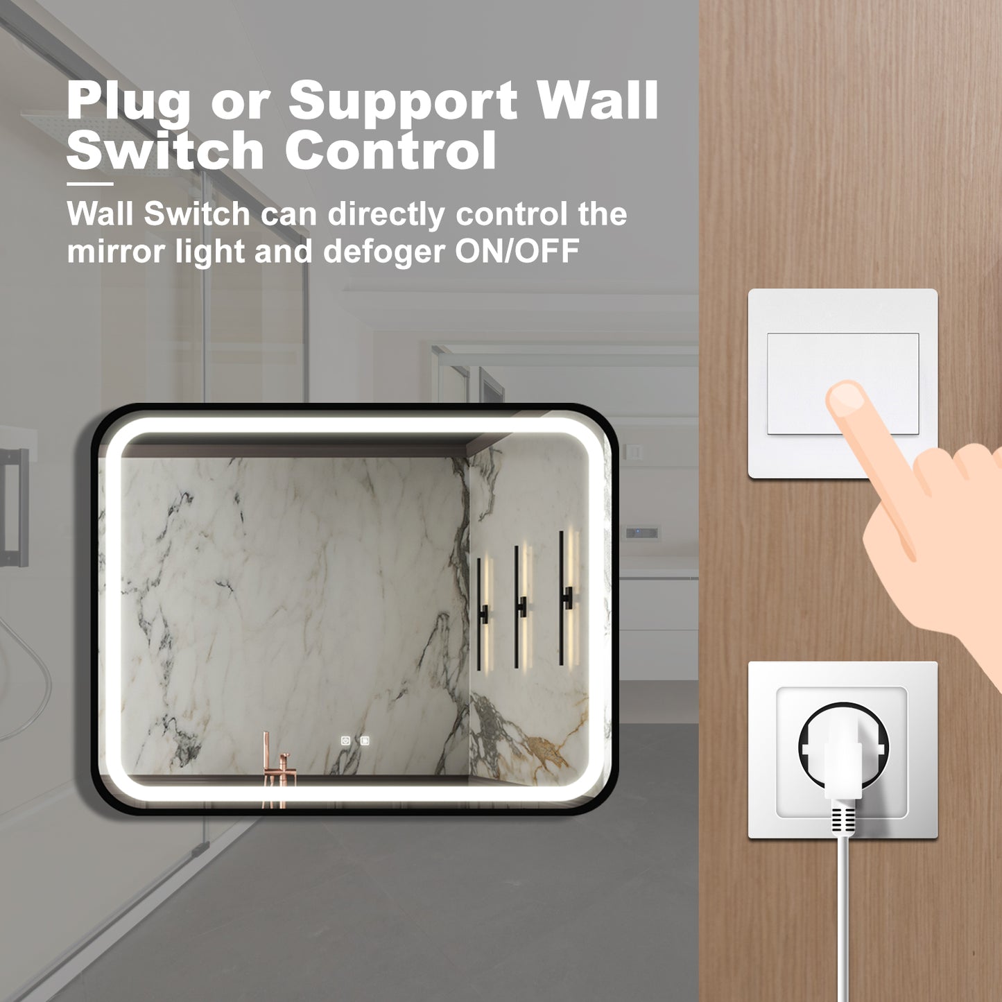 Modern LED bathroom mirror with integrated light and defogger controlled by wall switch