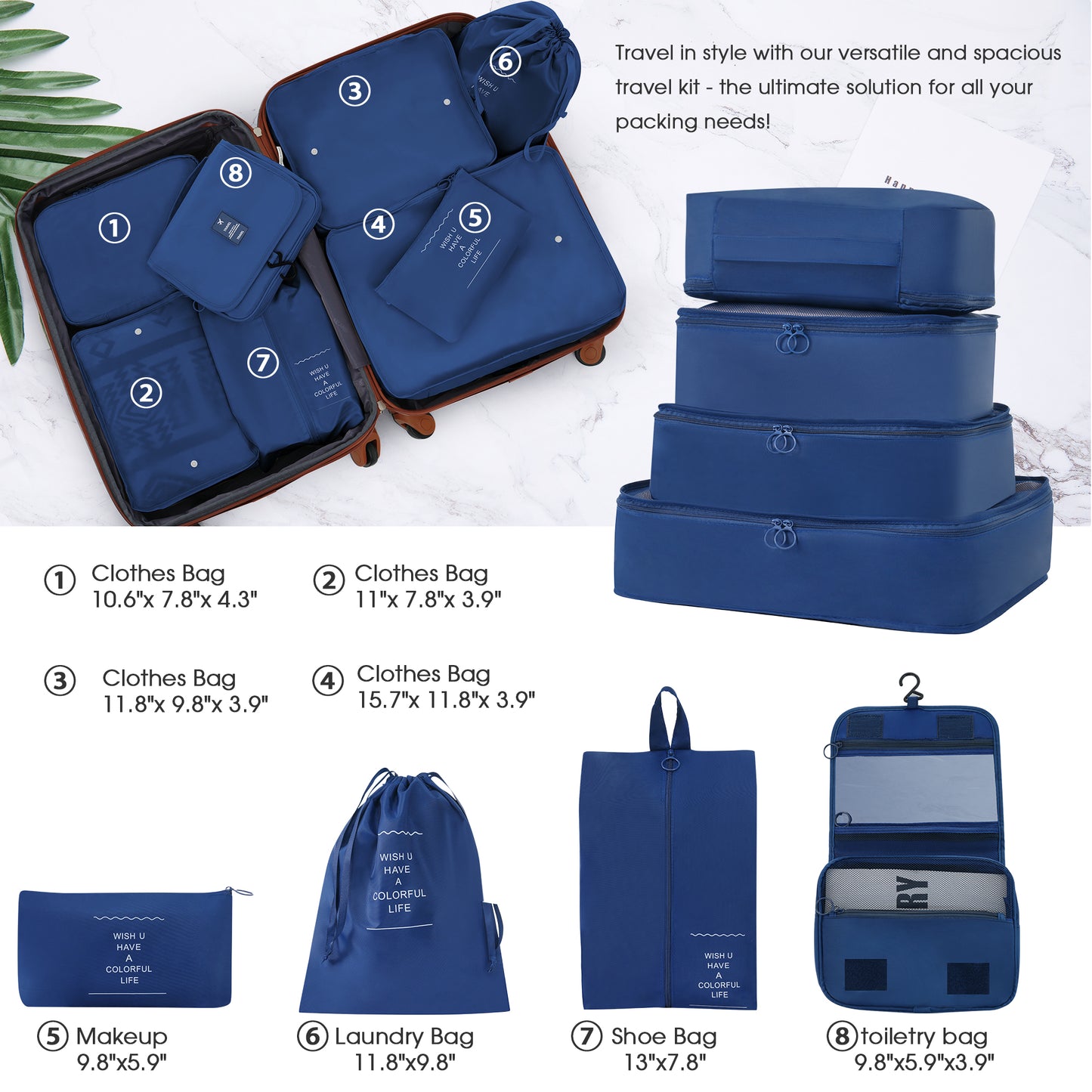 Navy blue travel packing cubes one large clothes bag with zipper and mesh panel