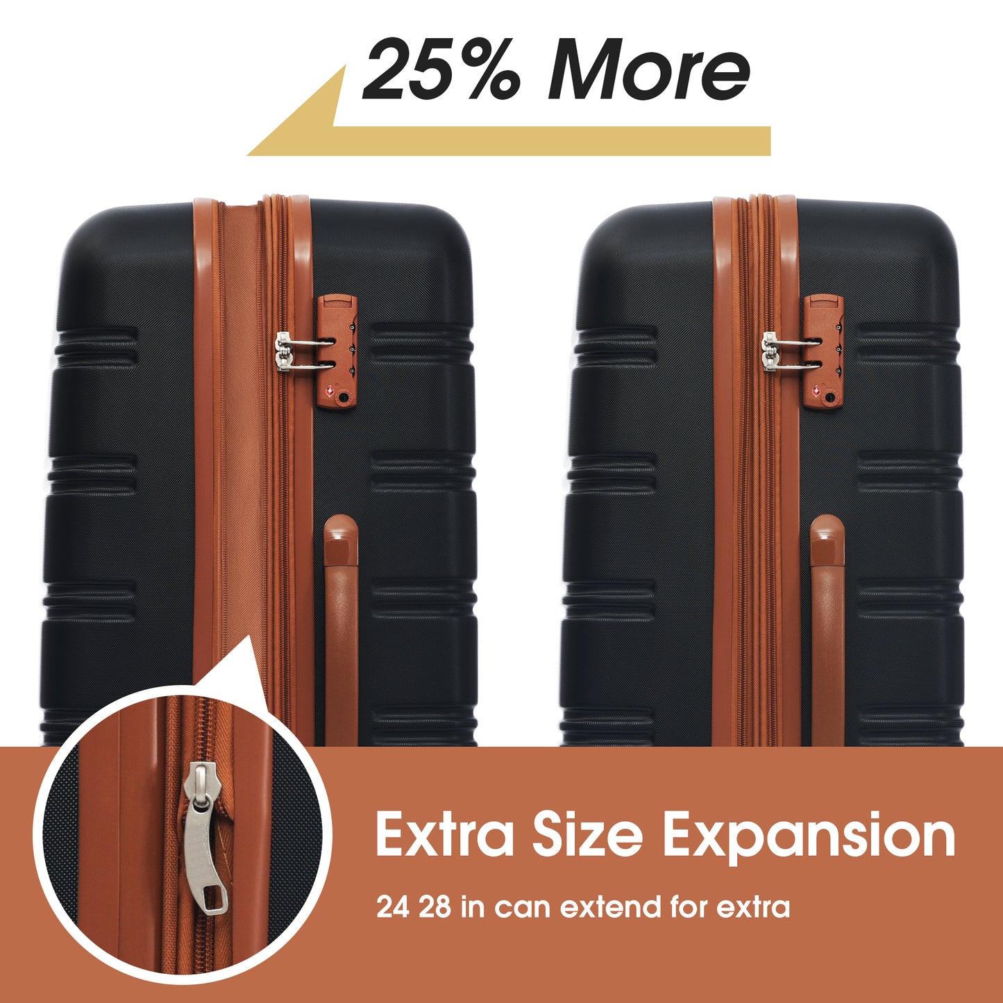 Black hardshell suitcase with brown trim and TSA lock expandable design